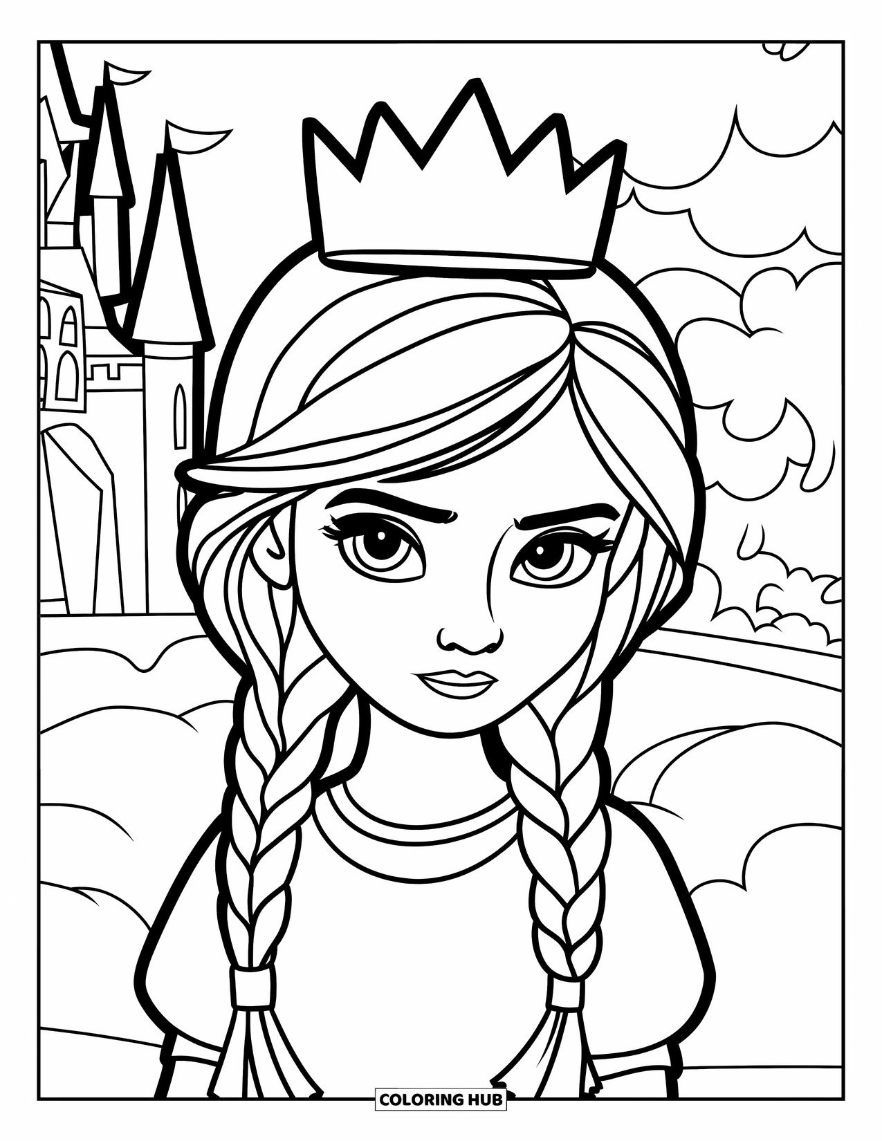 Meisjesgezicht Kleurplaat voor Kinderen: Een vastberaden meisje met gevlochten haar en een kroon staat op een wolk voor een groot kasteel