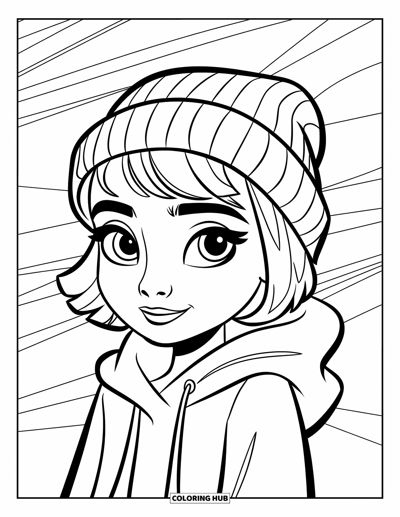 Meisjesgezicht Kleurplaat voor Kinderen: Een meisje met een muts en hoodie staat met een coole uitdrukking tegen een effen achtergrond