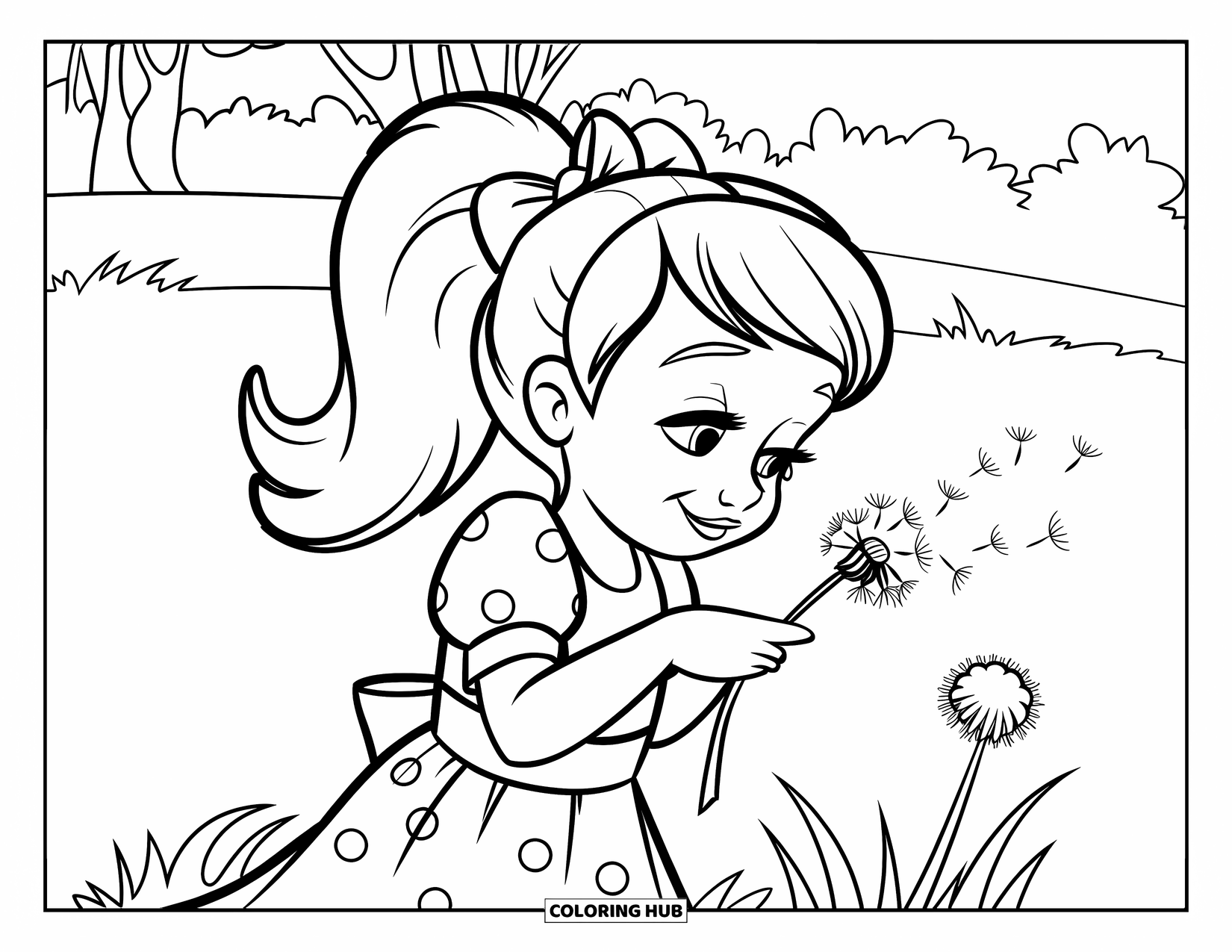 Meisjesgezicht Kleurplaat voor Kinderen: Een meisje in een jurk met stippen en een rode strik blaast op een paardenbloem in een grasveld