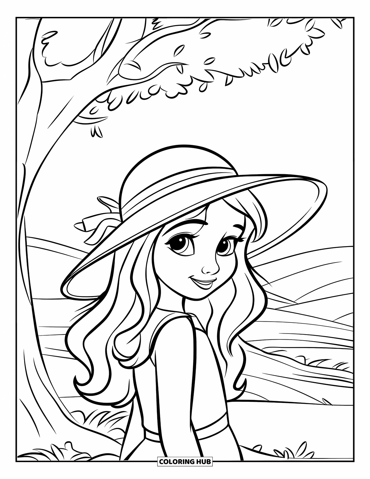 Meisjesgezicht Kleurplaat voor Kinderen: Een meisje met een zonnehoed staat bij een boom en geniet van een vredig landschap met glooiende heuvels
