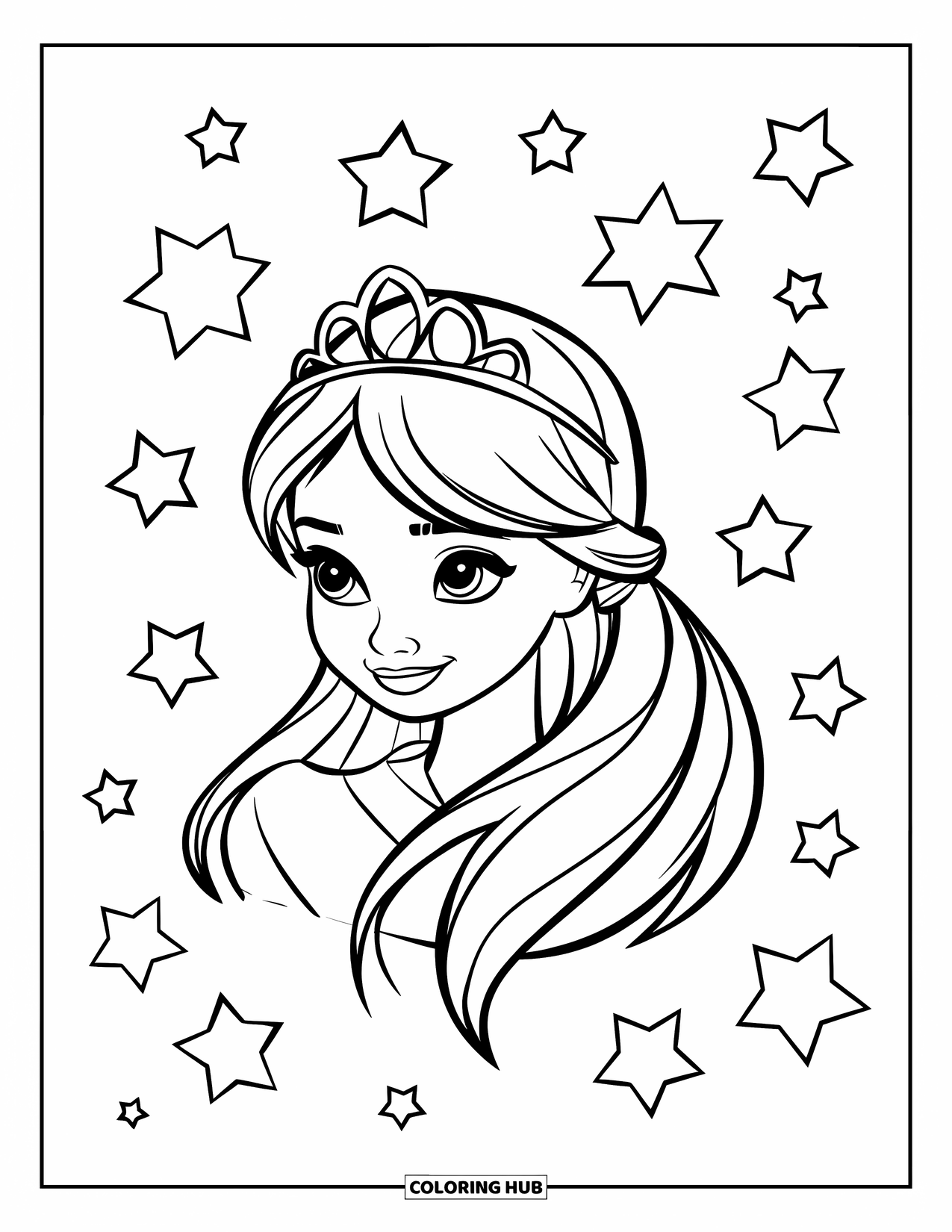 Meisjesgezicht Kleurplaat voor Kinderen: Een meisje met een diadeem glimlacht terwijl sterren om haar heen flonkeren in de open lucht