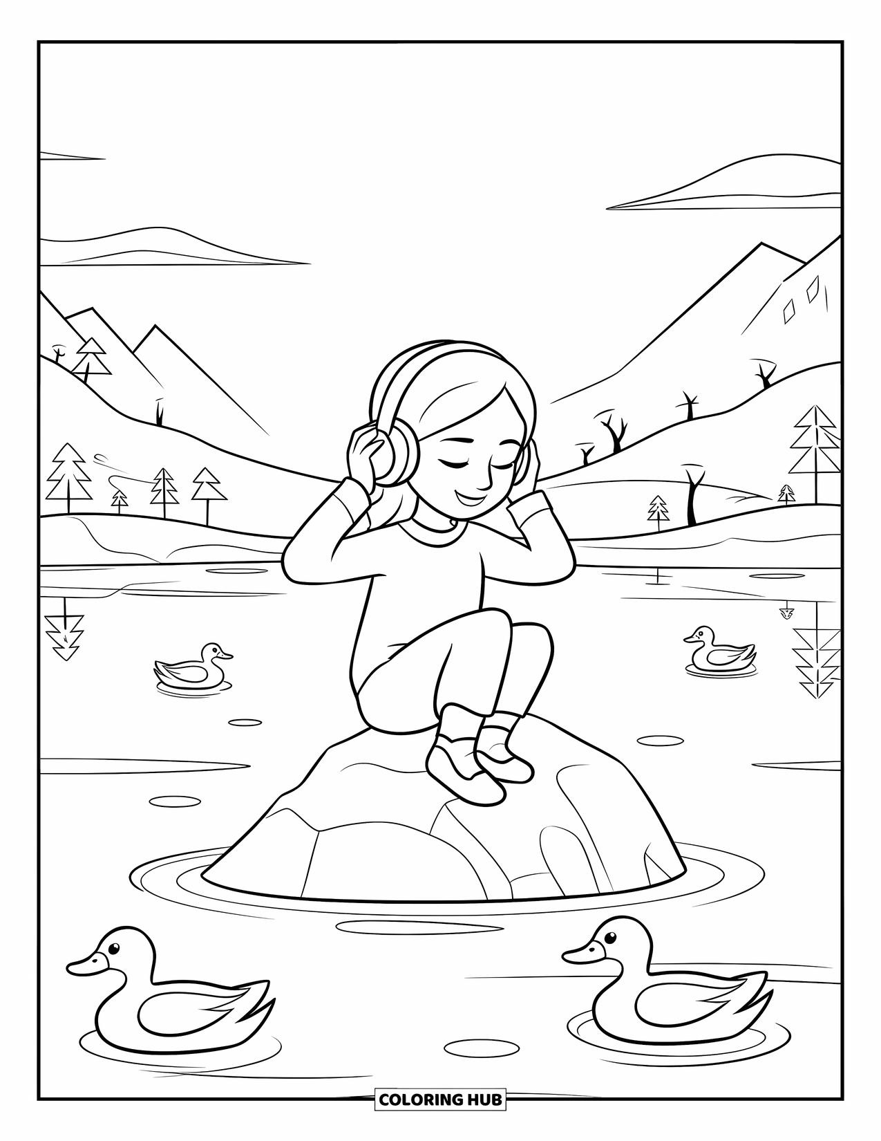Meisjesgezicht Kleurplaat voor Kinderen: Een meisje met een koptelefoon zit op een rots in een sereen meer en geniet van rustige muziek