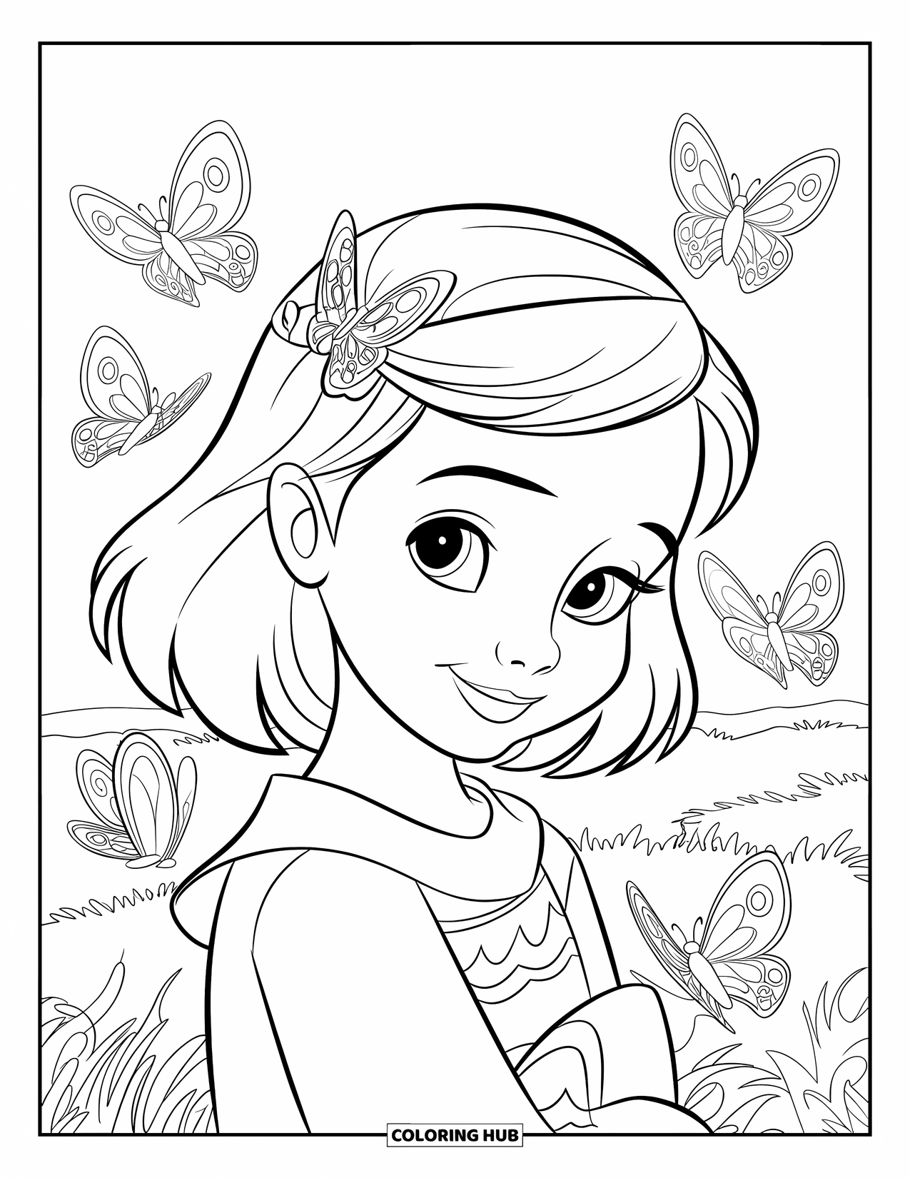 Meisjesgezicht Kleurplaat voor Kinderen: Een meisje met een vlinderhaarspeld glimlacht terwijl vlinders om haar heen fladderen in een groen veld
