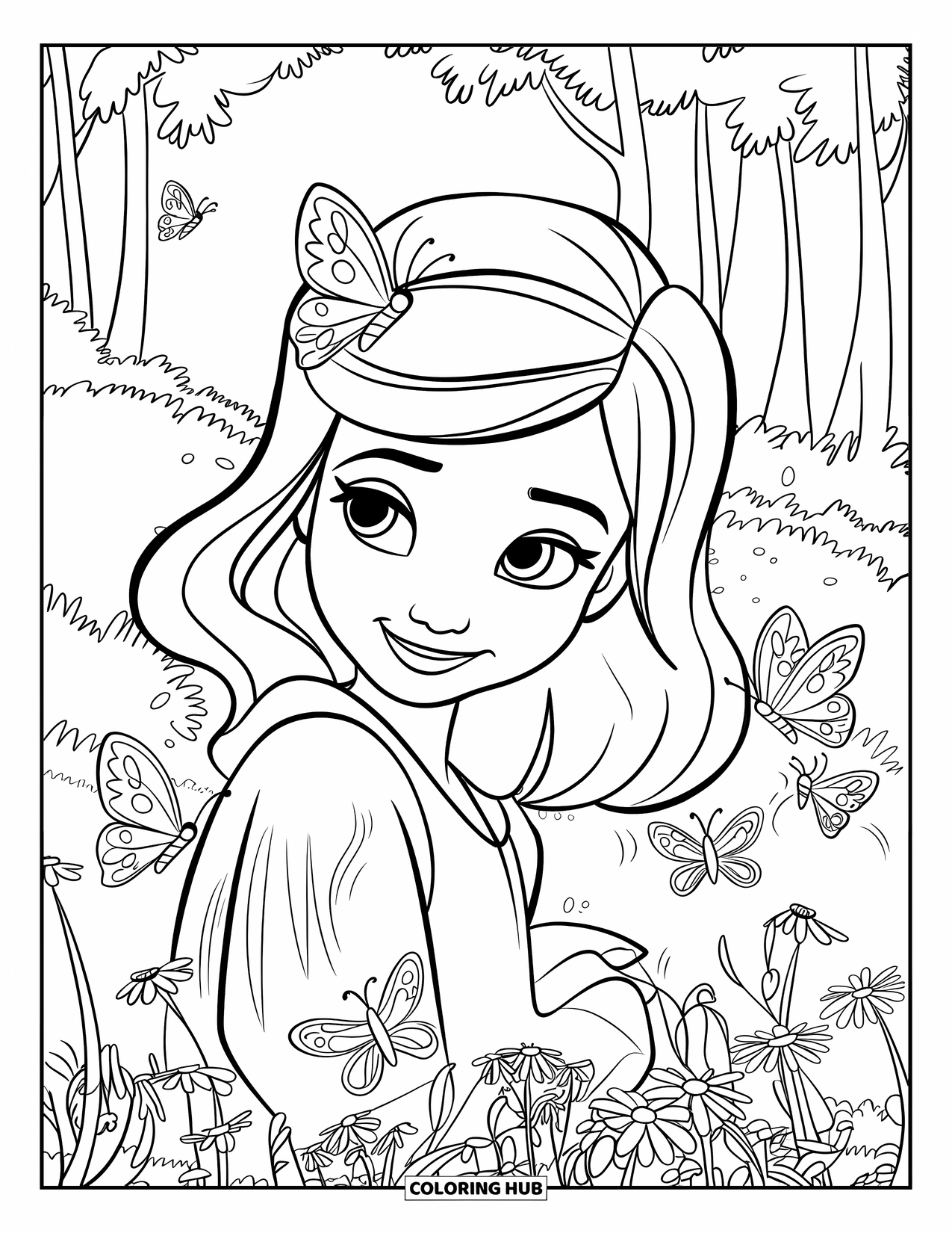 Meisjesgezicht Kleurplaat voor Kinderen: Een meisje met een vlinderhaarspeld staat tussen vlinders in een weelderig bos vol wilde bloemen