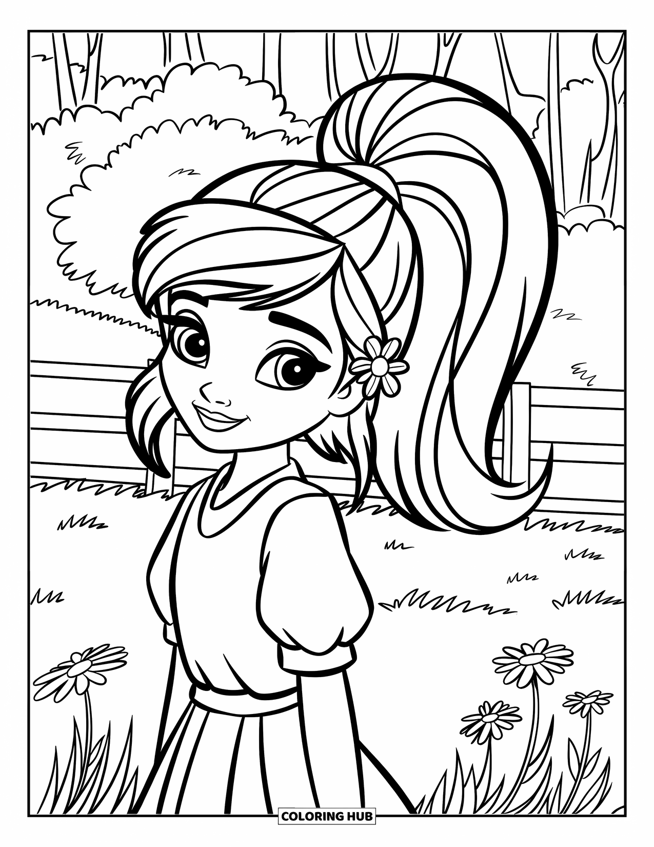 Meisjesgezicht Kleurplaat voor Kinderen: Een meisje met een bloem in haar haar staat in een grasveld met een houten hek