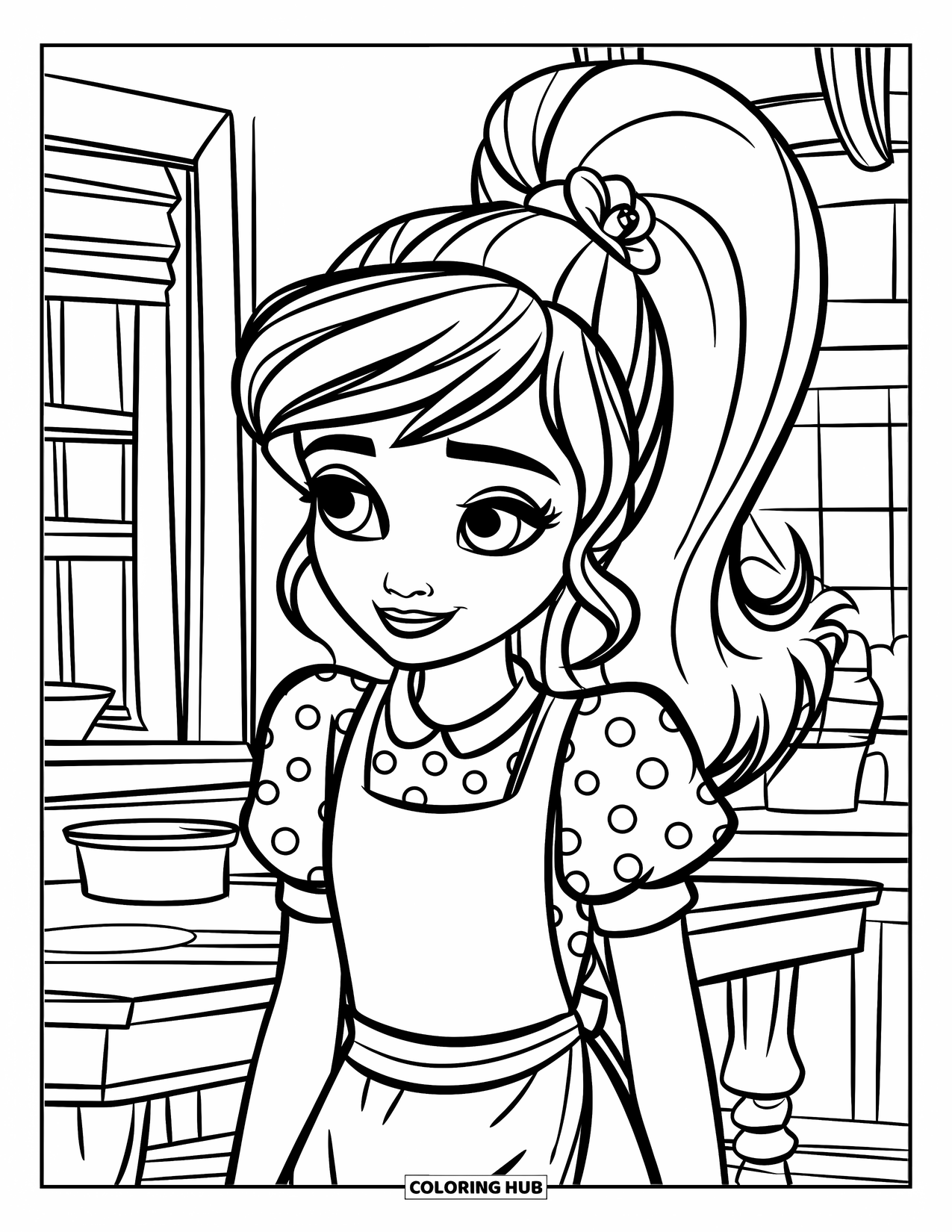 Meisjesgezicht Kleurplaat voor Kinderen: Een meisje met een hoge paardenstaart en een bloem achter haar oor glimlacht in een gezellige keuken