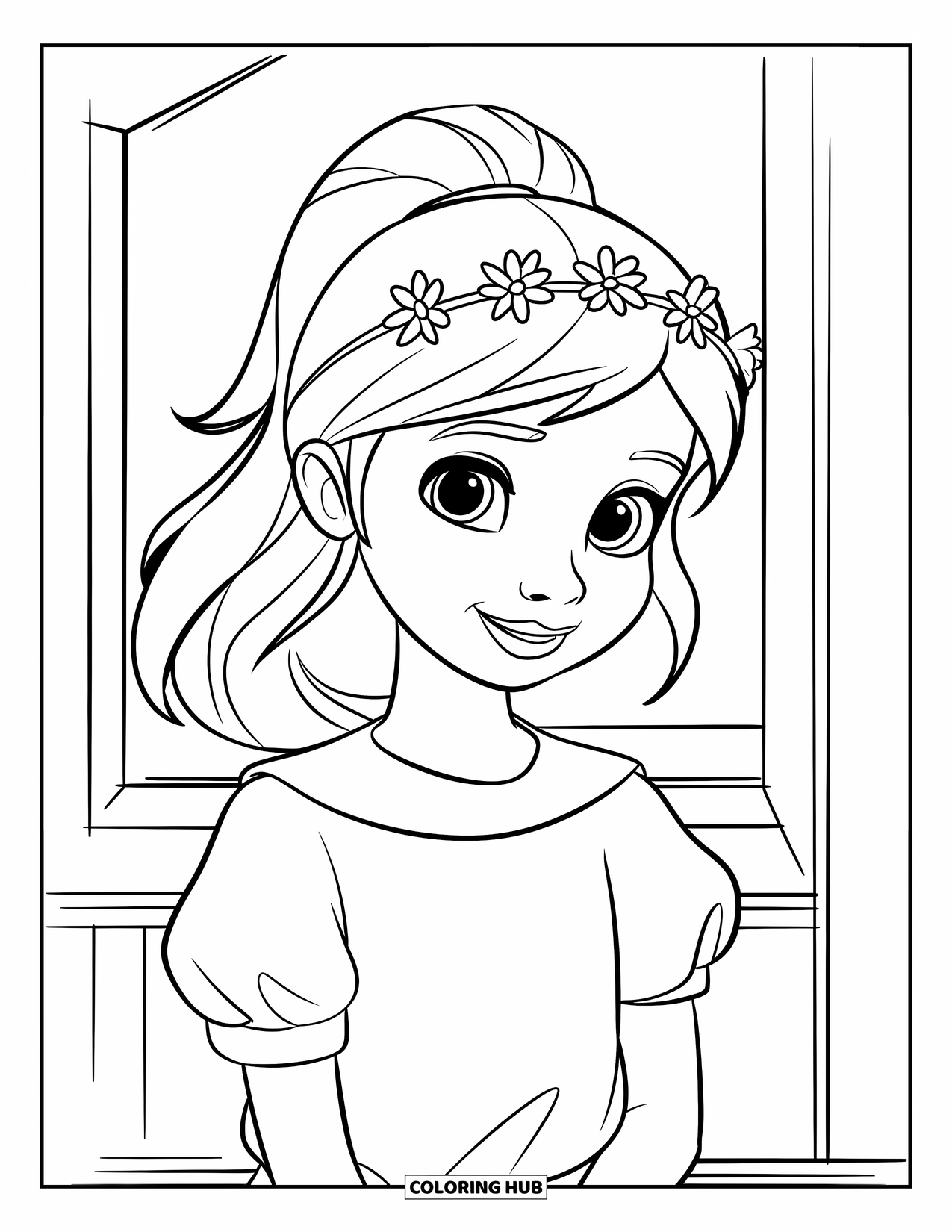Meisjesgezicht Kleurplaat voor Kinderen: Een meisje met een paardenstaart en een bloemenkroon staat in een strakke, minimalistische achtergrond
