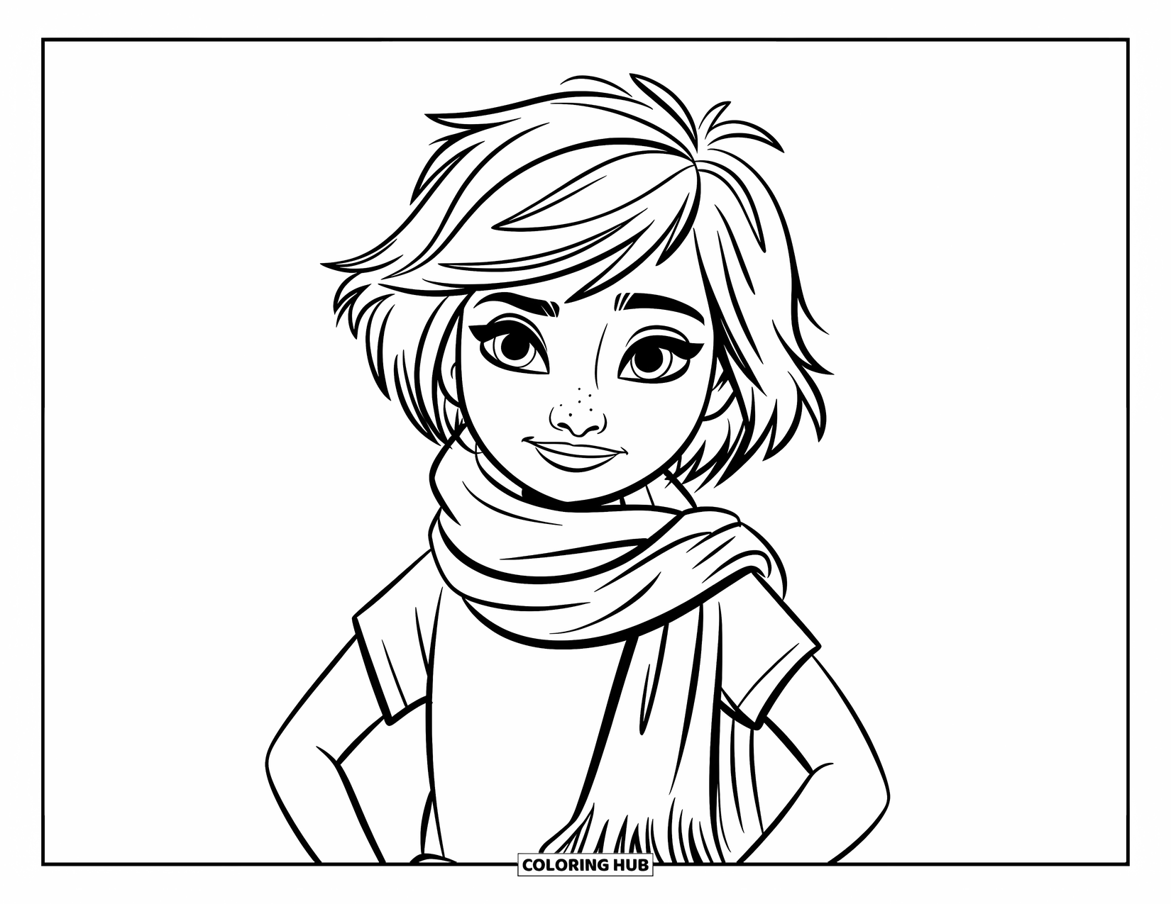 Meisjesgezicht Kleurplaat voor Kinderen: Een meisje met een sjaal die meerdere keren om haar nek is gewikkeld, staat met een zelfverzekerde houding