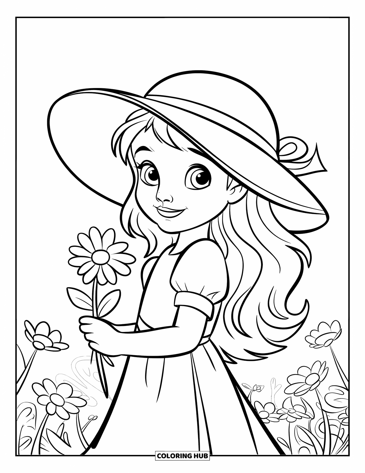 Meisjesgezicht Kleurplaat voor Kinderen: Een meisje met een zonnehoed houdt een bloem vast terwijl ze in een tuin vol kleurrijke bloemen staat