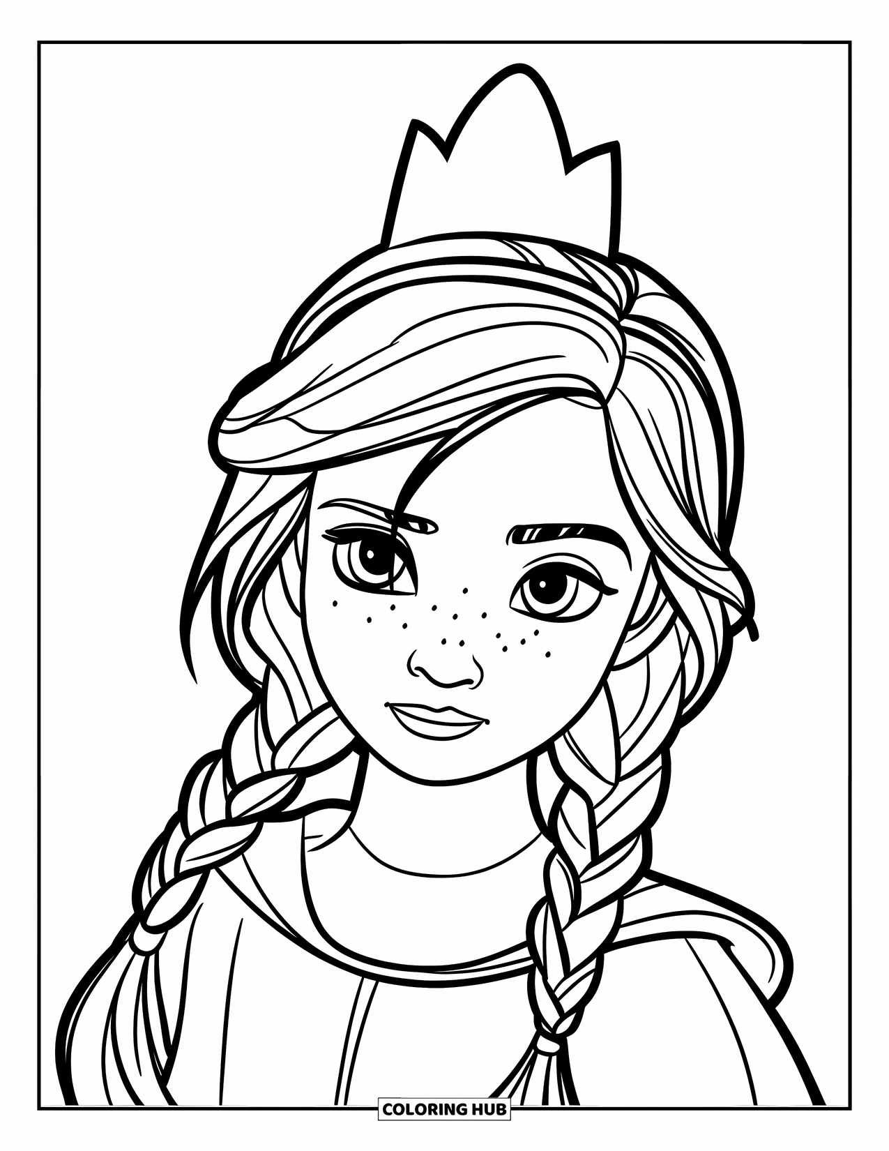 Meisjesgezicht Kleurplaat voor Kinderen: Een meisje met gevlochten haar en een kroon heeft een stevige en zelfverzekerde uitdrukking tegen een lege achtergrond