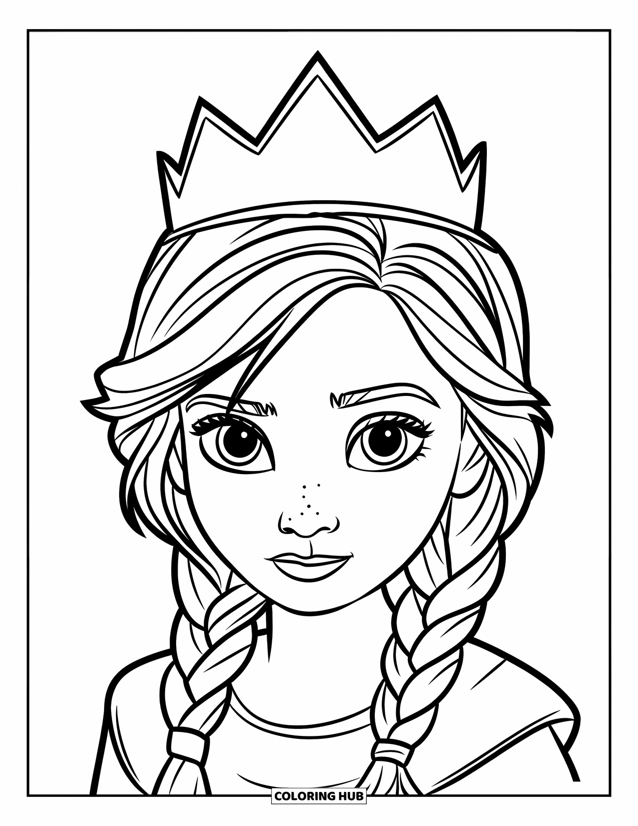 Meisjesgezicht Kleurplaat voor Kinderen: Een meisje met gevlochten haar en een eenvoudige kroon heeft een sterke en vastberaden blik