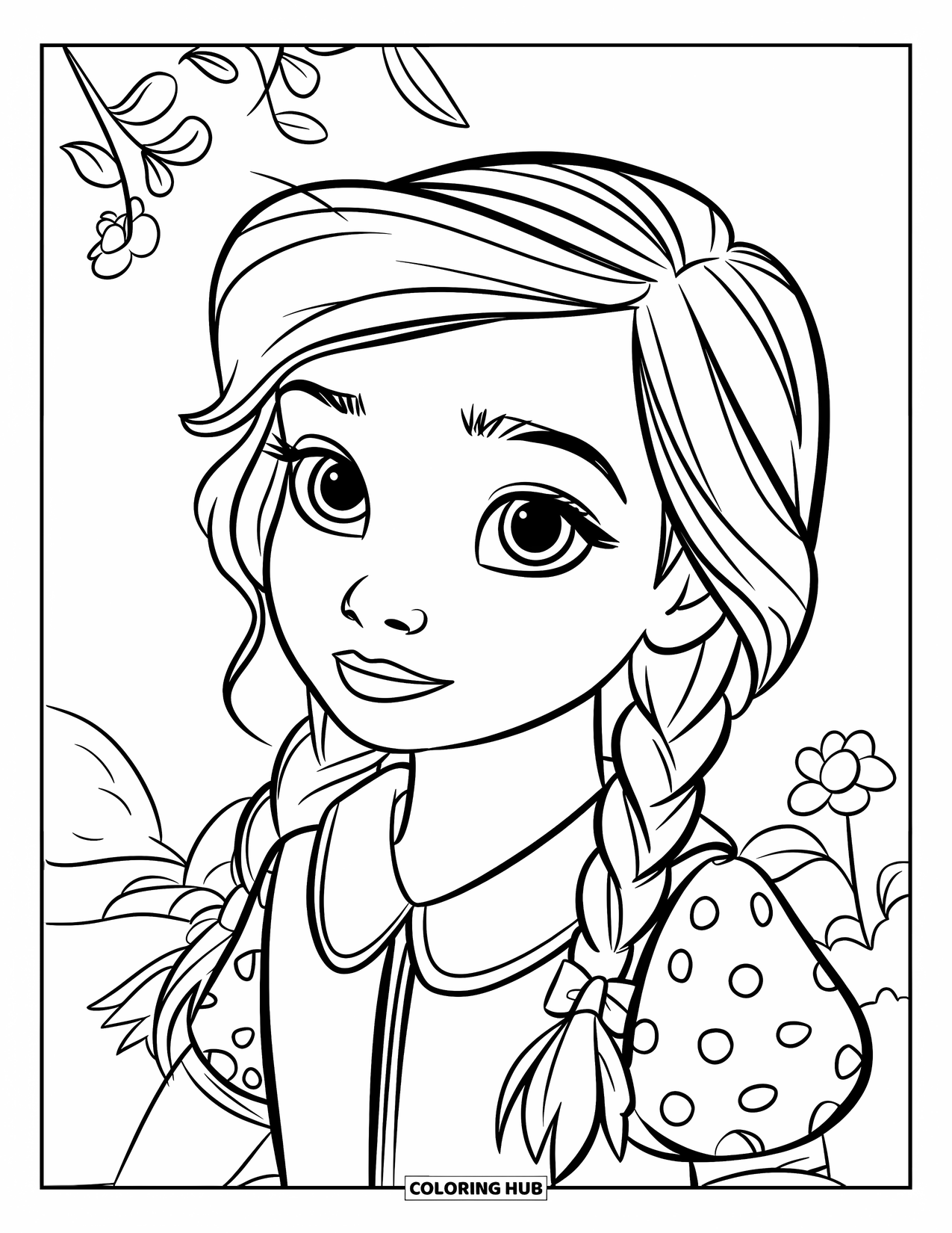 Meisjesgezicht Kleurplaat voor Kinderen: Een meisje met vlechten en een bedachtzame blik draagt een jurk met stippen en een gele kraag