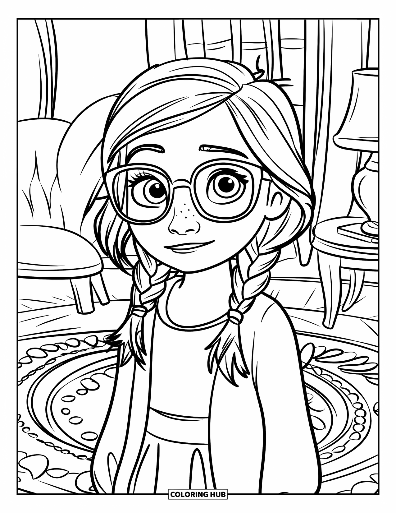 Meisjesgezicht Kleurplaat voor Kinderen: Een meisje met vlechten en een bril verkent een gezellige kamer met een vloerkleed met patroon en meubels