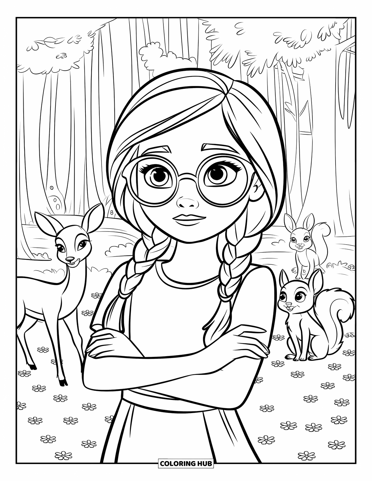 Meisjesgezicht Kleurplaat voor Kinderen: Een meisje met vlechten en een bril is omringd door bosdieren in een magisch bos