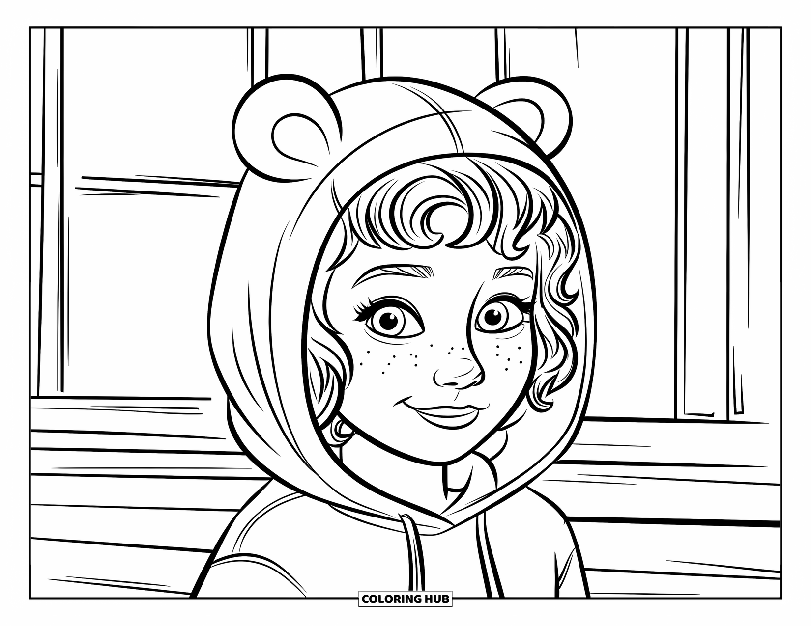 Meisjesgezicht Kleurplaat voor Kinderen: Een meisje met krullend haar en een sweater met capuchon glimlacht helder voor een raam