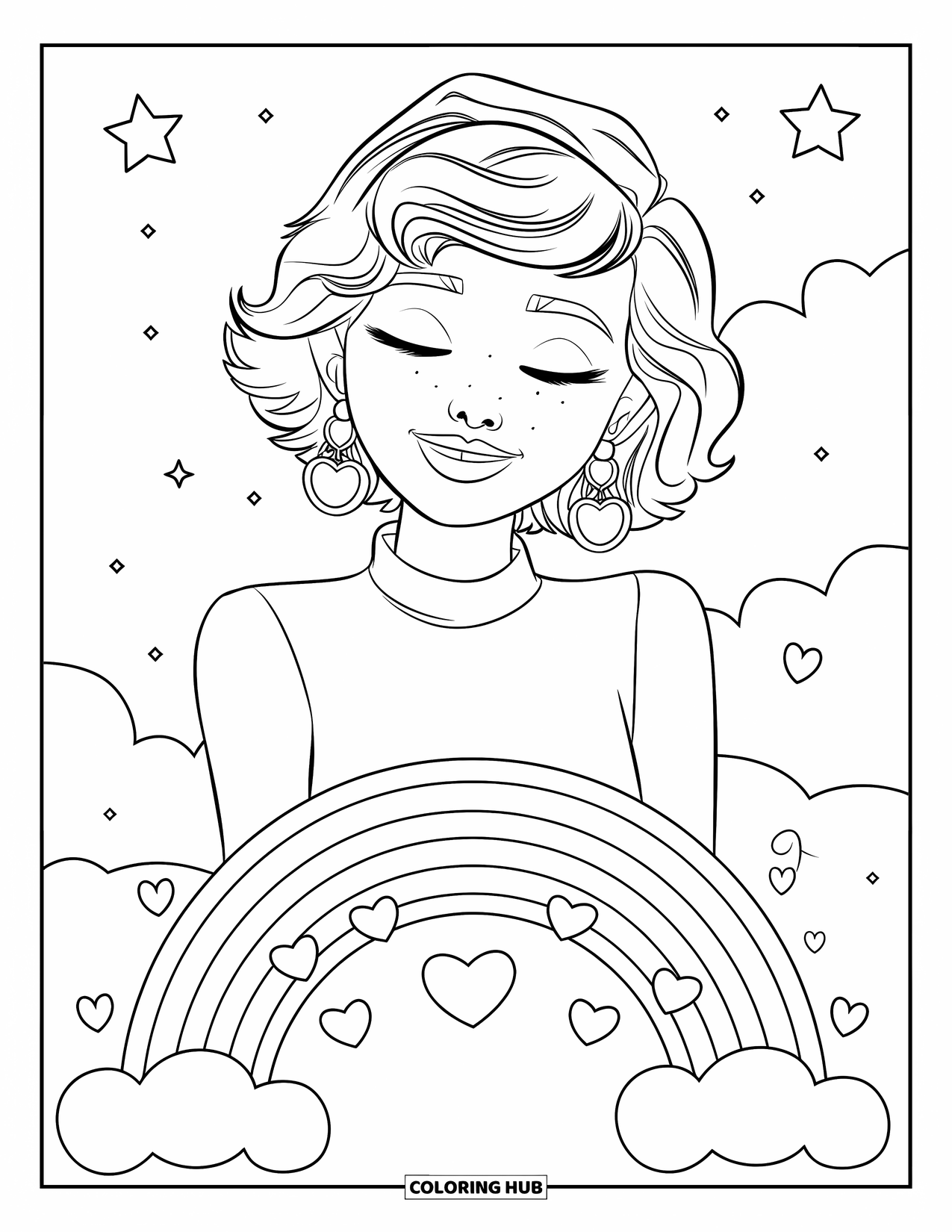 Meisjesgezicht Kleurplaat voor Kinderen: Een meisje met krullend haar en grote oorbellen staat op een wolk, omringd door regenbogen en harten