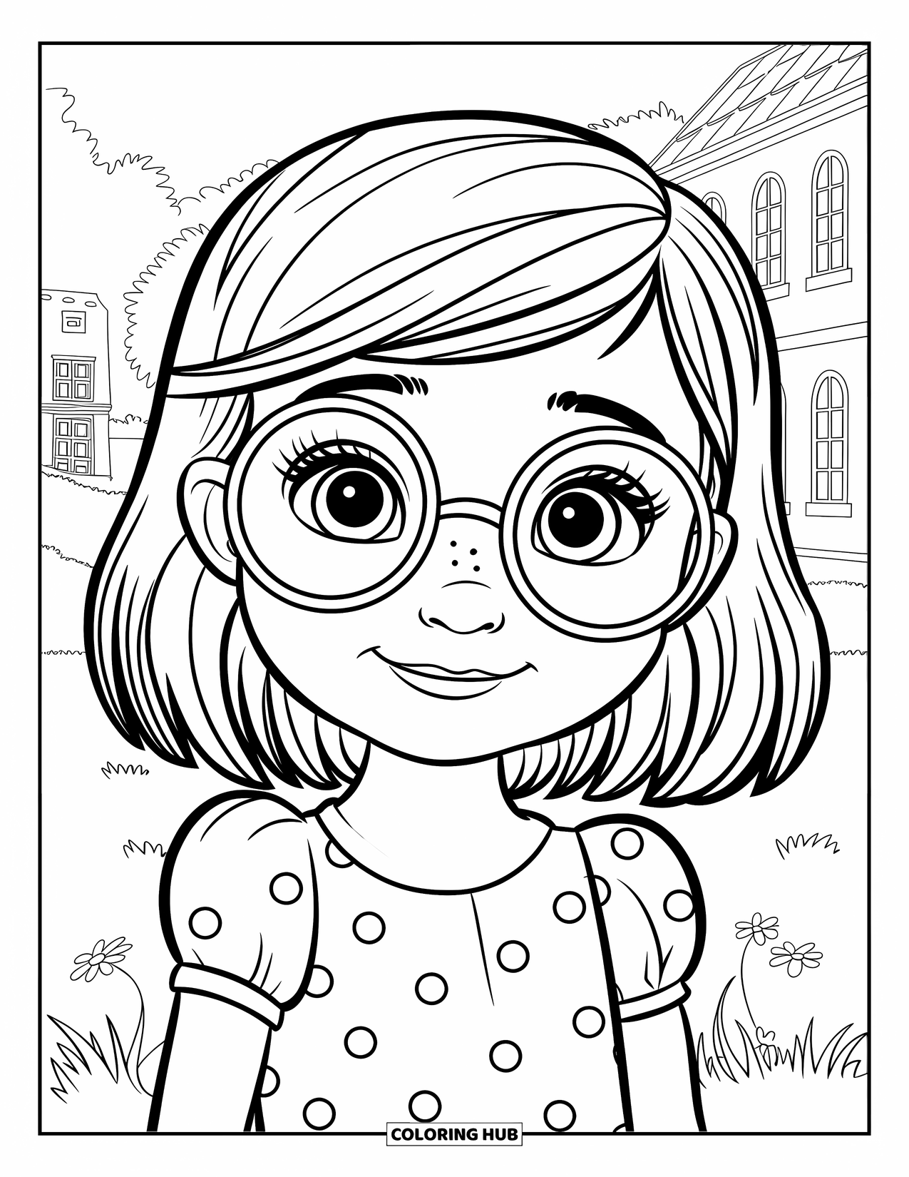 Meisjesgezicht Kleurplaat voor Kinderen: Een meisje met een bril en een jurk met stippen staat in een grasveld met bloemen in de buurt