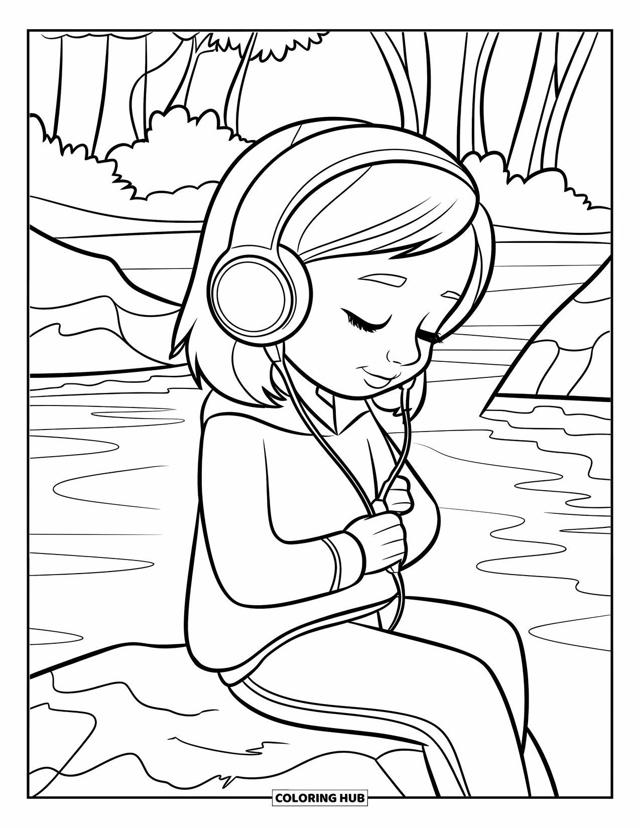 Meisjesgezicht Kleurplaat voor Kinderen: Een meisje met een koptelefoon en gesloten ogen ontspant zich in de buurt van een kalm water
