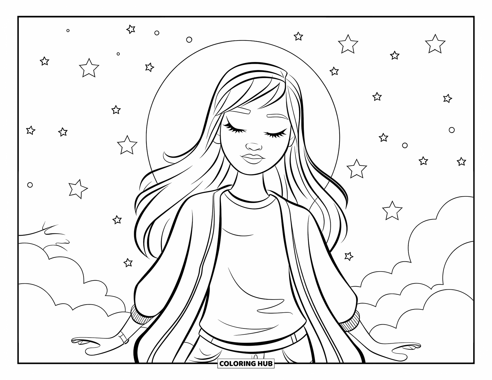 Meisjesgezicht Kleurplaat voor Kinderen: Een meisje met lang, donker haar en gesloten ogen staat op een wolk onder een gloeiende maan