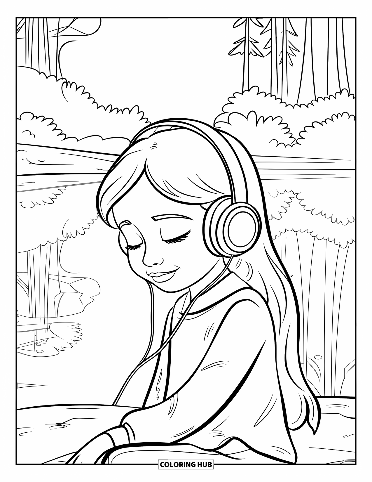 Meisjesgezicht Kleurplaat voor Kinderen: Een meisje met lang haar geniet van muziek terwijl ze op een rots bij een spiegelend meer zit