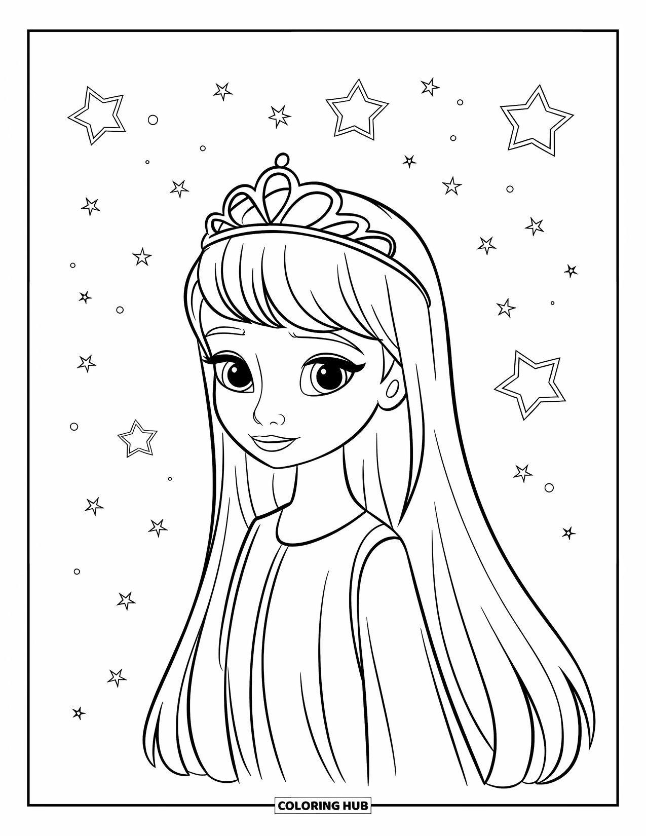 Meisjesgezicht Kleurplaat voor Kinderen: Een meisje met lang steil haar en een eenvoudige tiara is omringd door zwevende sterren