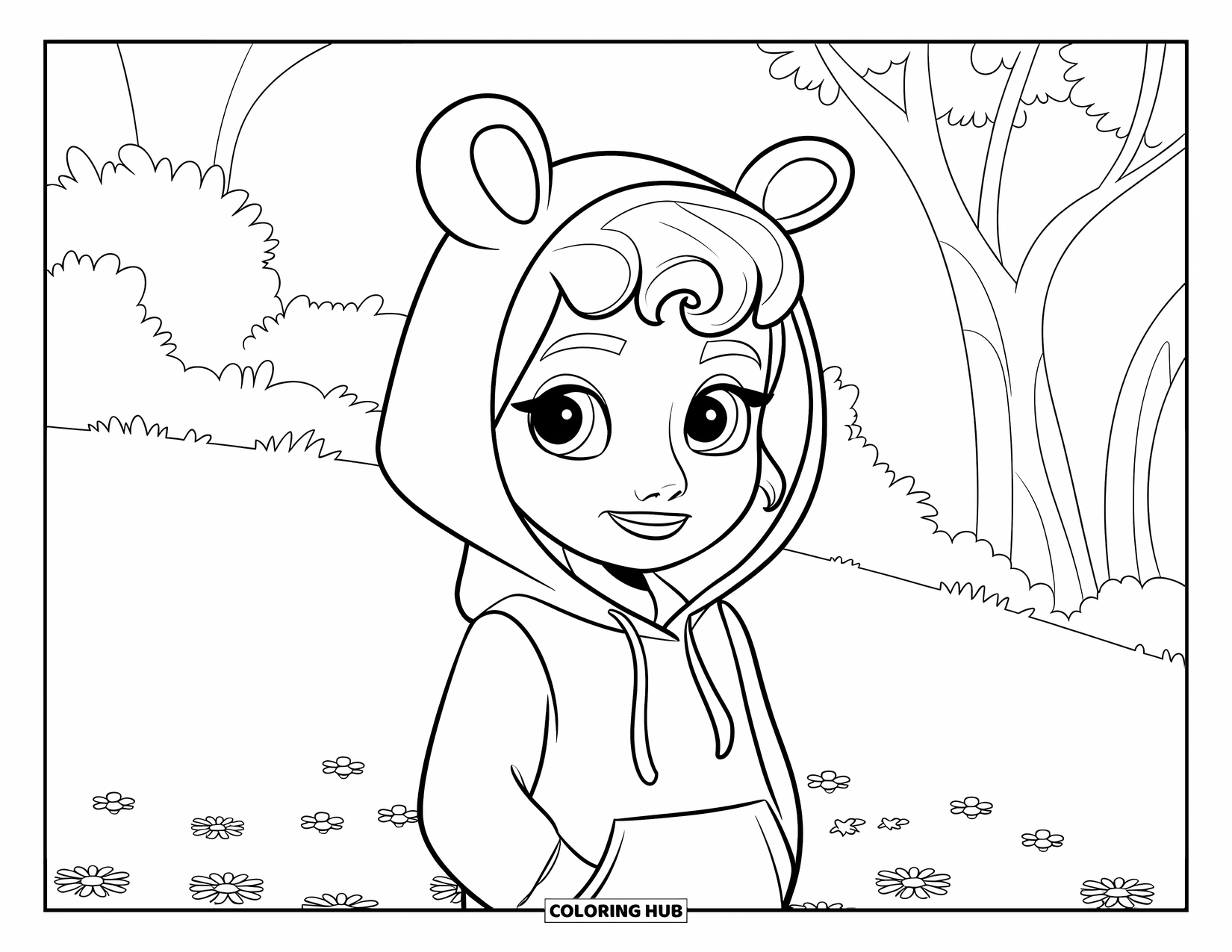 Meisjesgezicht Kleurplaat voor Kinderen: Een meisje met kort krullend haar en een hoodie met oren staat vrolijk in een bloemrijk veld