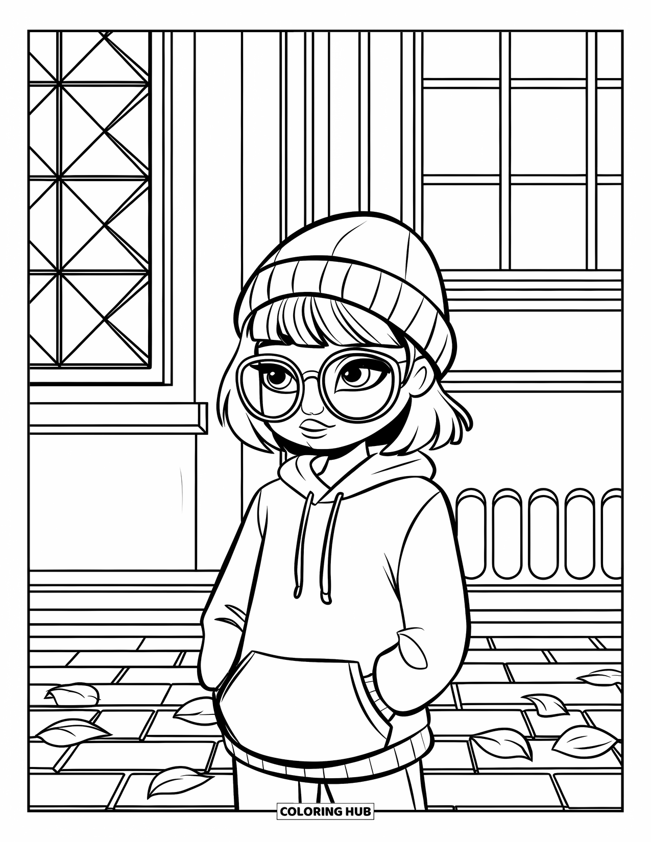 Meisjesgezicht Kleurplaat voor Kinderen: Een meisje met kort haar, een bril en een hoodie staat op een stenen bestrating in de buurt van een stadsgebouw