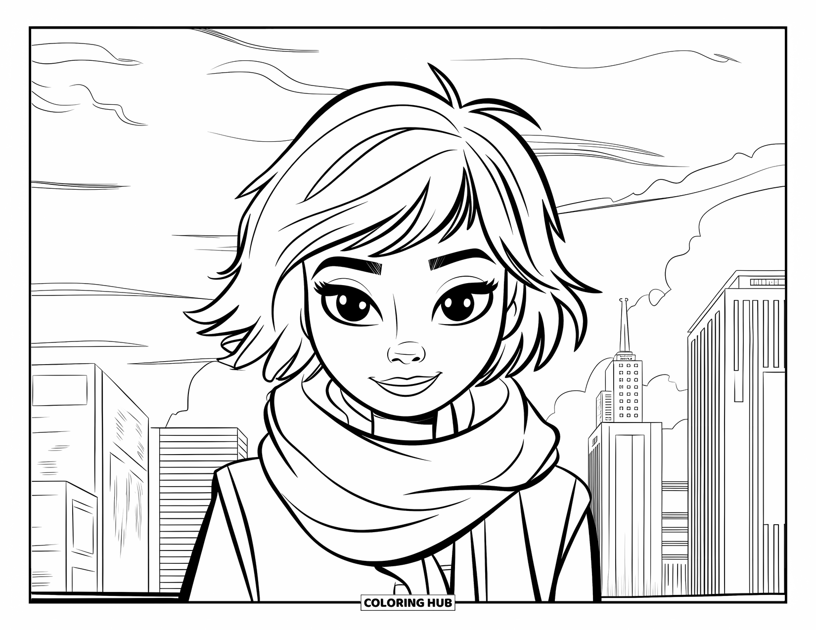 Meisjesgezicht Kleurplaat voor Kinderen: Een meisje met kort, rommelig haar en een sjaal staat in een moderne stad met hoge gebouwen