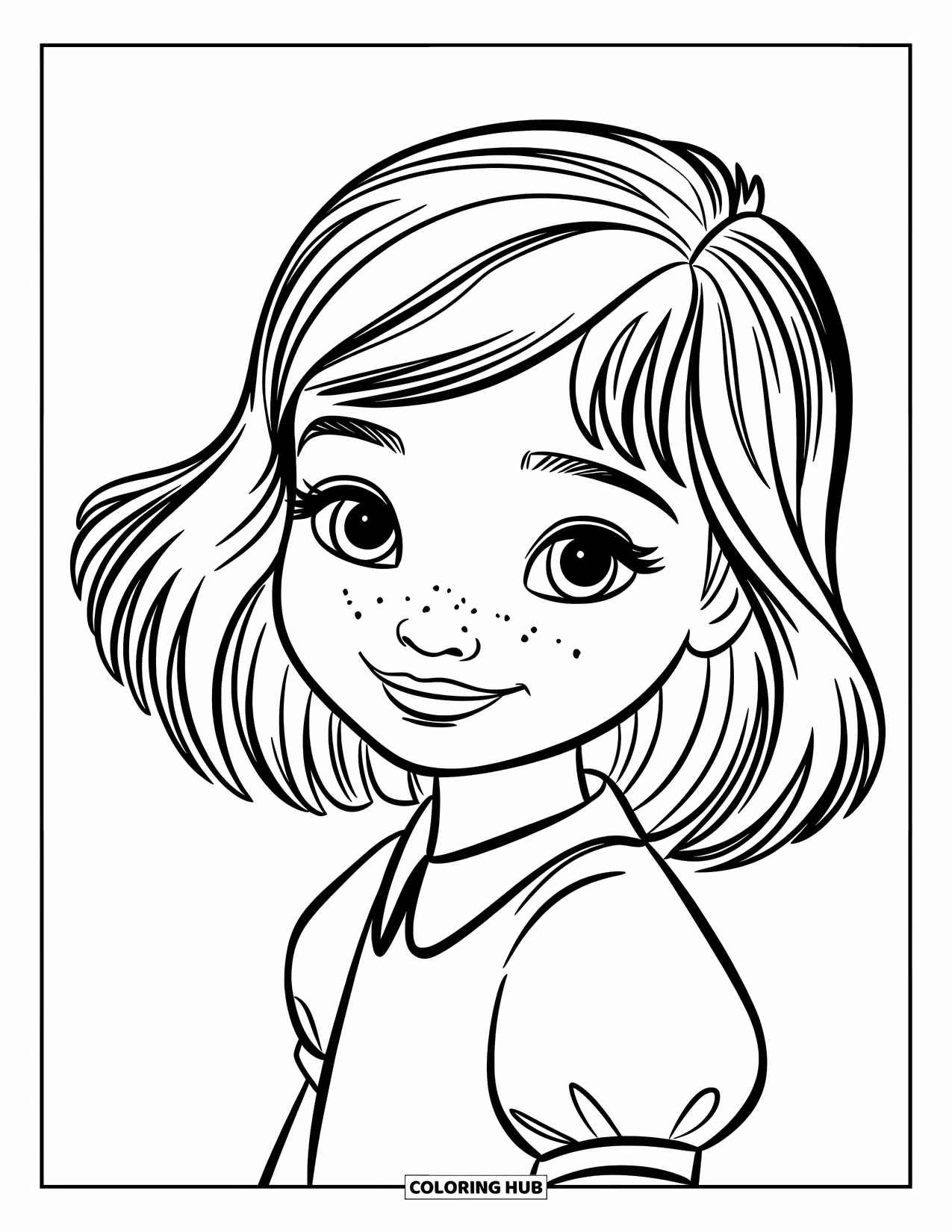 Meisjesgezicht Kleurplaat voor Kinderen: Een meisje met steil haar en ronde wangen glimlacht zachtjes terwijl ze op een witte achtergrond staat