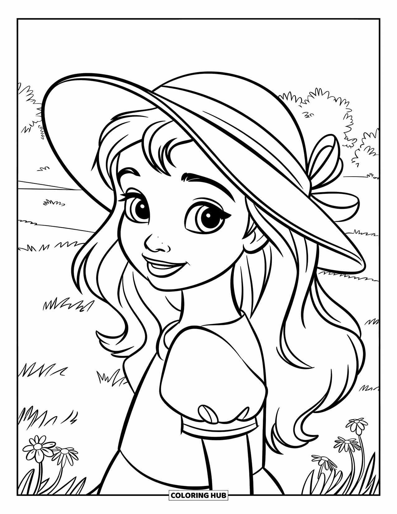 Meisjesgezicht Kleurplaat voor Kinderen: Een meisje met golvend haar en een zonnehoed glimlacht lieflijk in een grasveld met bloemen