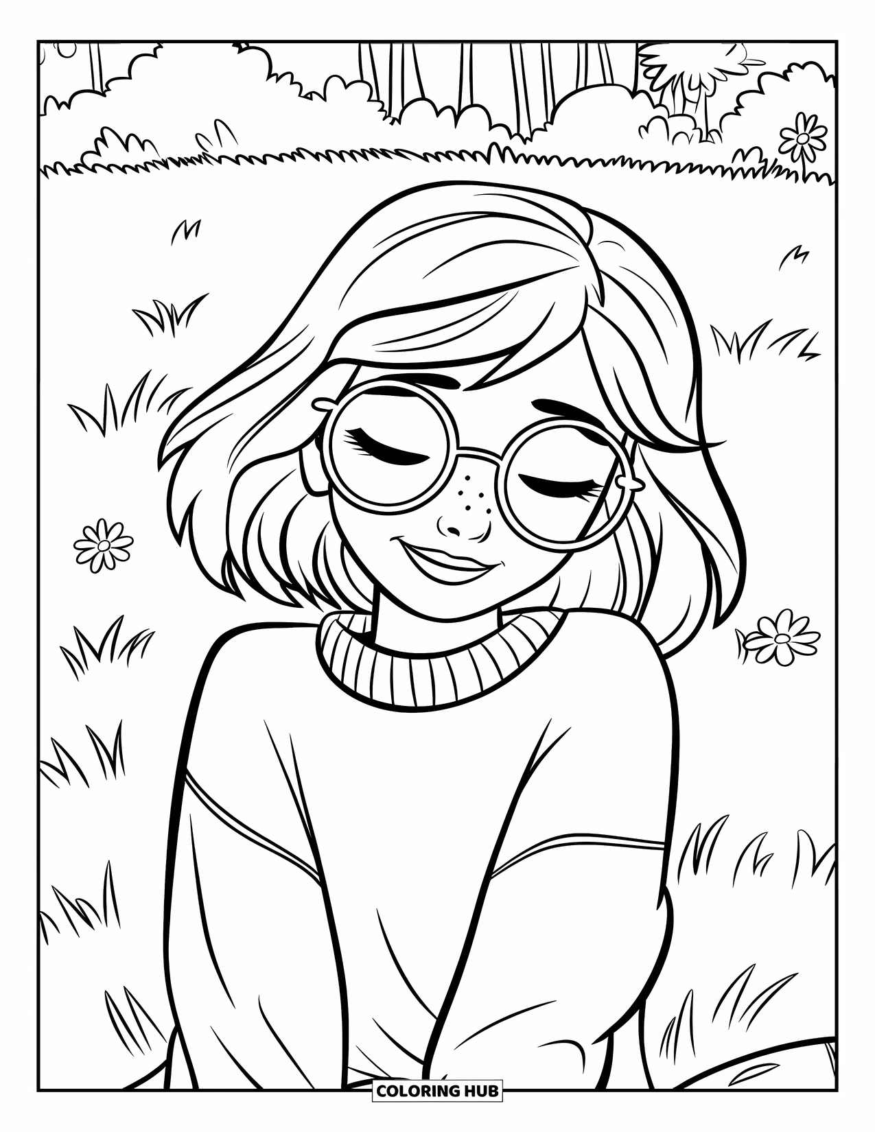 Meisjesgezicht Kleurplaat voor Kinderen: Een meisje met golvend haar en een bril glimlacht terwijl ze in een grasveld tussen bloemen zit