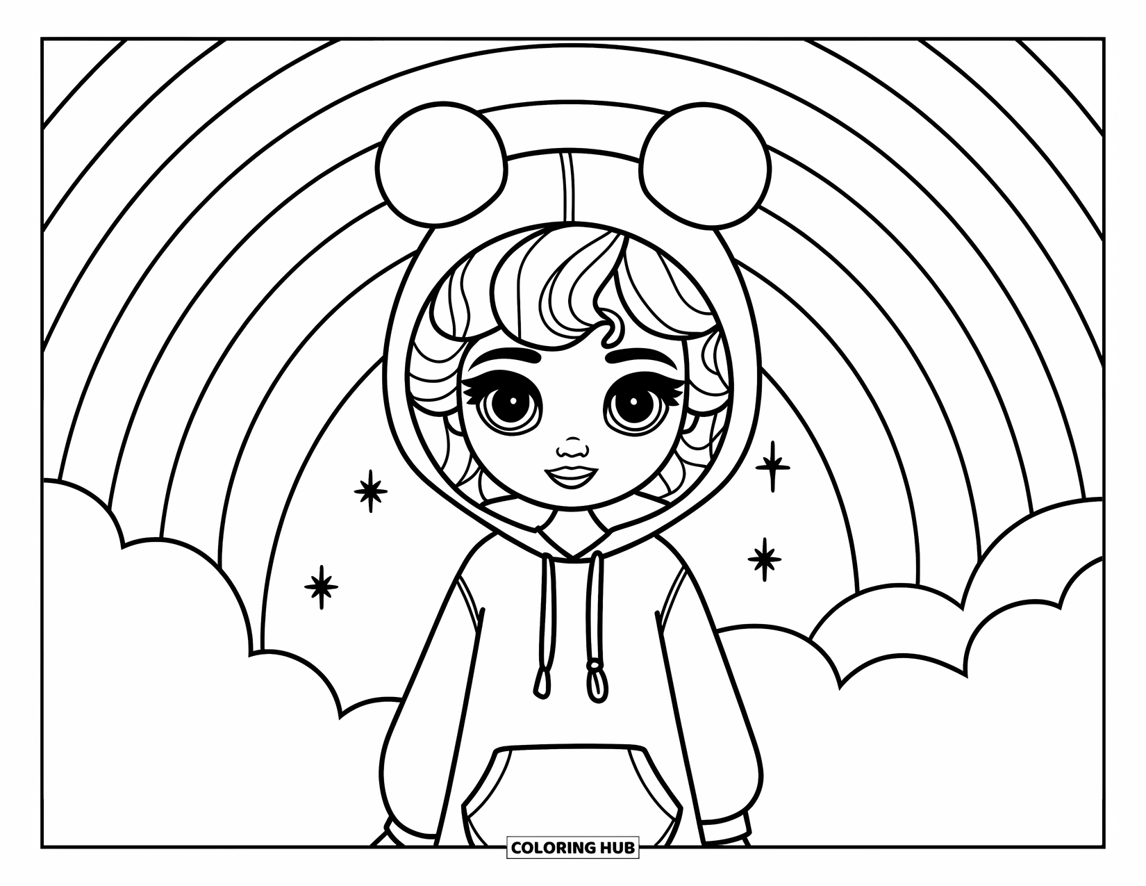 Meisjesgezicht Kleurplaat voor Kinderen: Een vrolijk meisje in een hoodie met oren staat op een wolk met regenbogen en fonkelende sterren