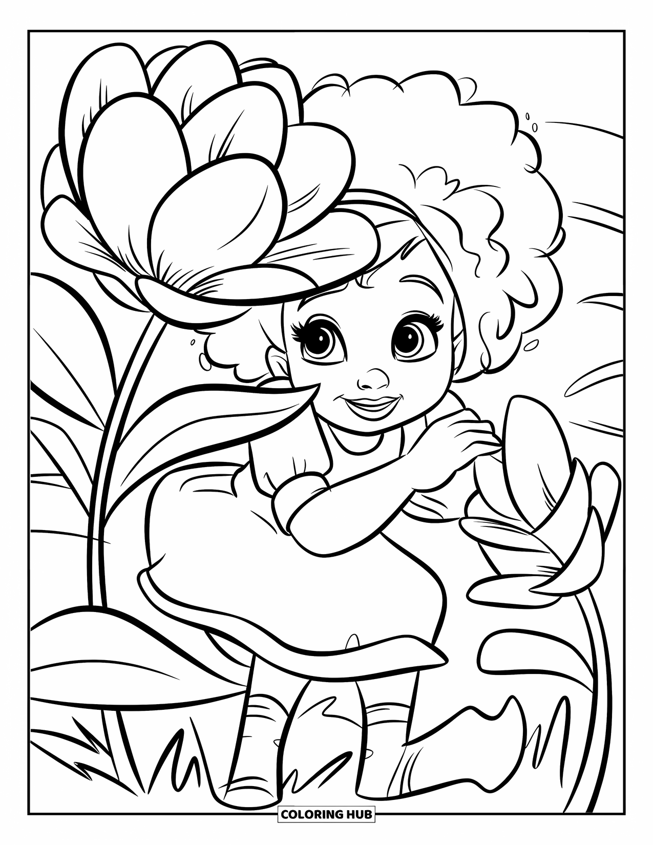 Meisjesgezicht Kleurplaat voor Kinderen: Een vrolijk meisje met krullend haar gluurt vanachter een grote bloem met groene bladeren