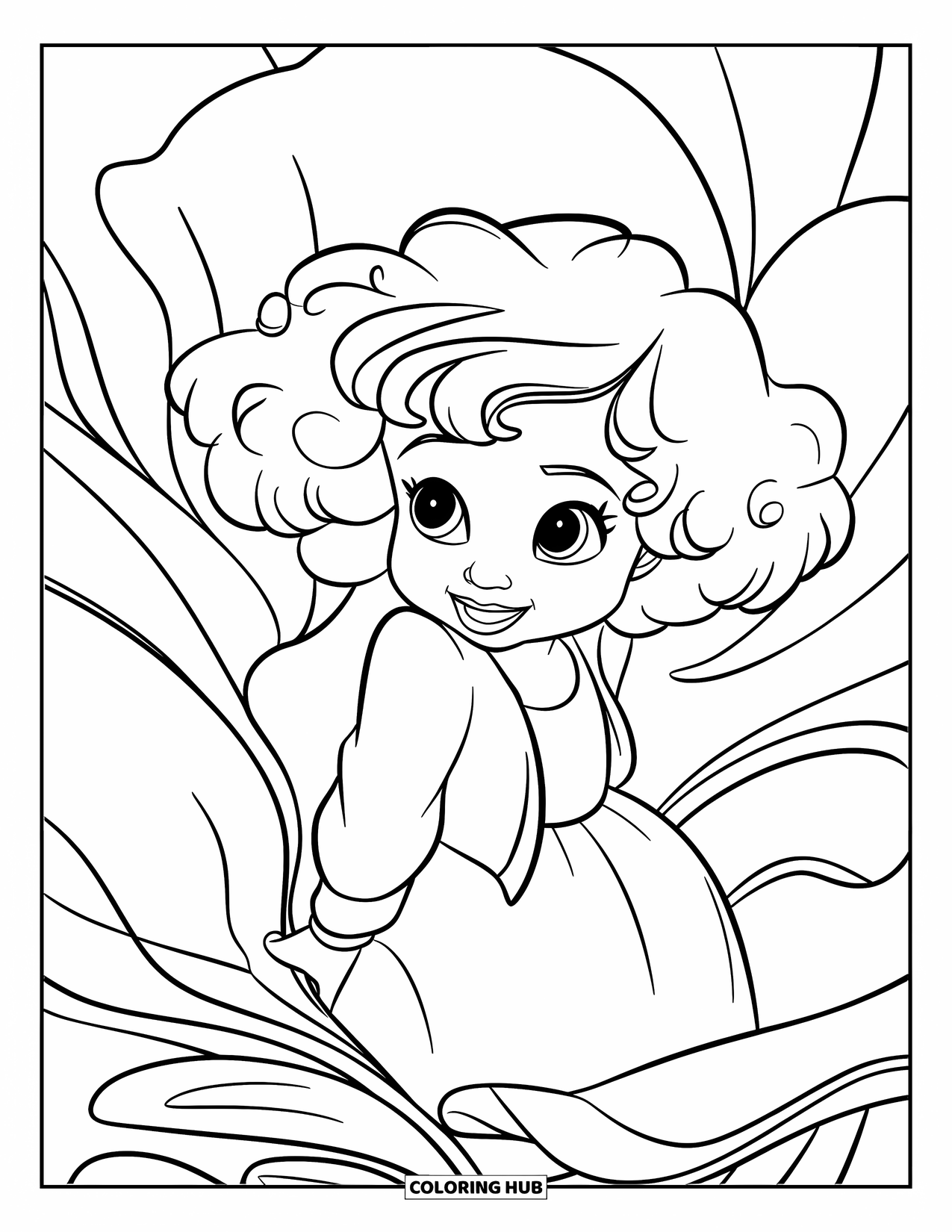 Meisjesgezicht Kleurplaat voor Kinderen: Een vrolijk meisje met pluizig krullend haar gluurt vanachter een grote bloem