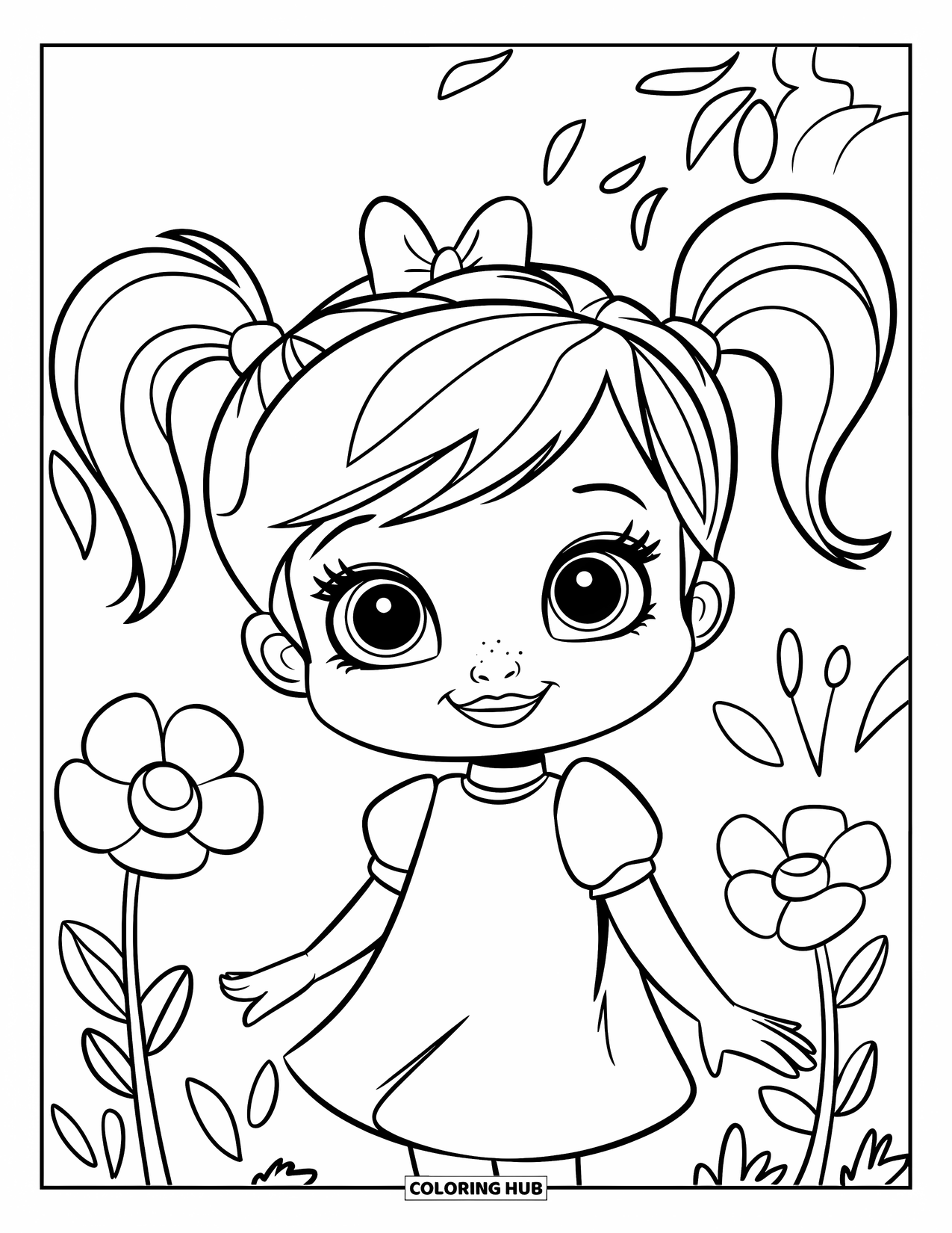 Meisjesgezicht Kleurplaat voor Kinderen: Een klein meisje met staartjes en een strik staat in een bloemrijke tuin en kijkt speels