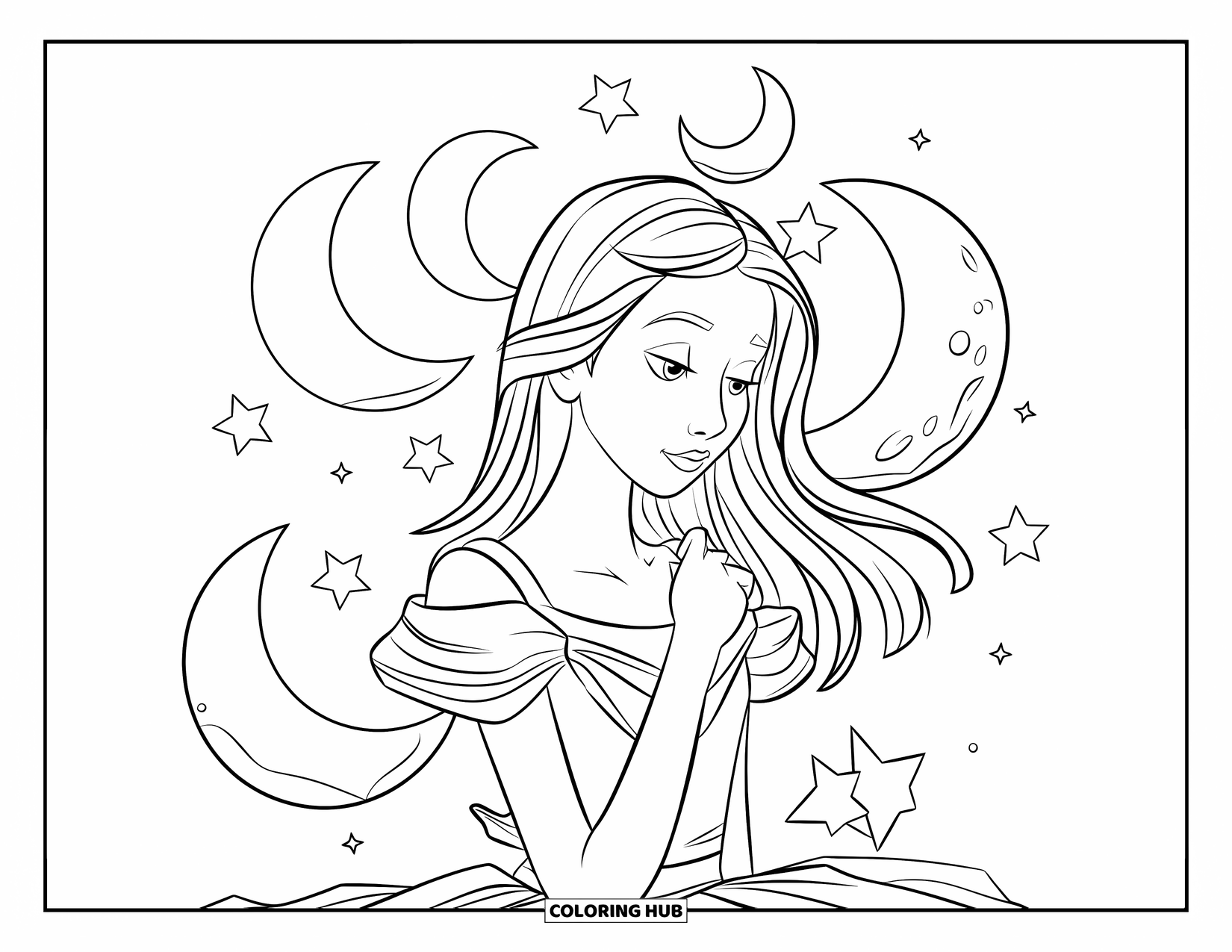 Meisjesgezicht Kleurplaat voor Kinderen: Een serene tiener met lang haar staat tussen manen en sterren in een vredige nachthemel