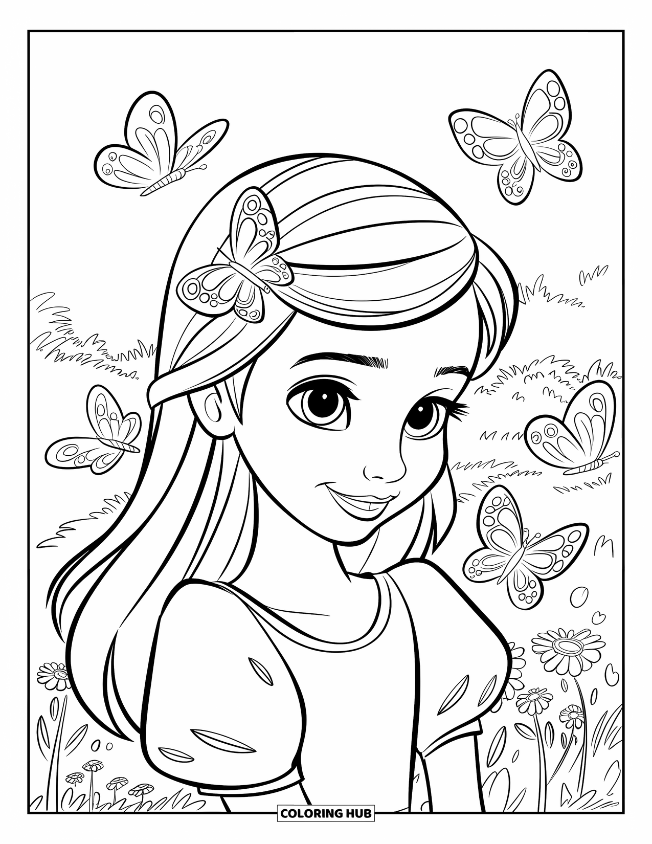 Meisjesgezicht Kleurplaat voor Kinderen: Een glimlachend meisje met een vlinderhaarspeld staat in een veld omringd door fladderende vlinders