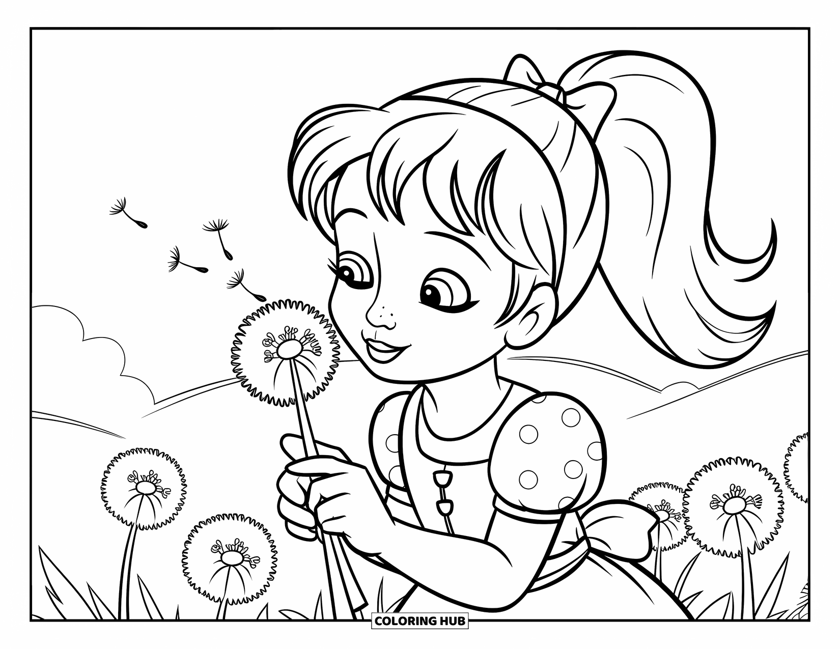 Meisjesgezicht Kleurplaat voor Kinderen: Een glimlachend meisje met een paardenstaart en een zwierige jurk kijkt toe hoe paardenbloemzaadjes in de wind drijven