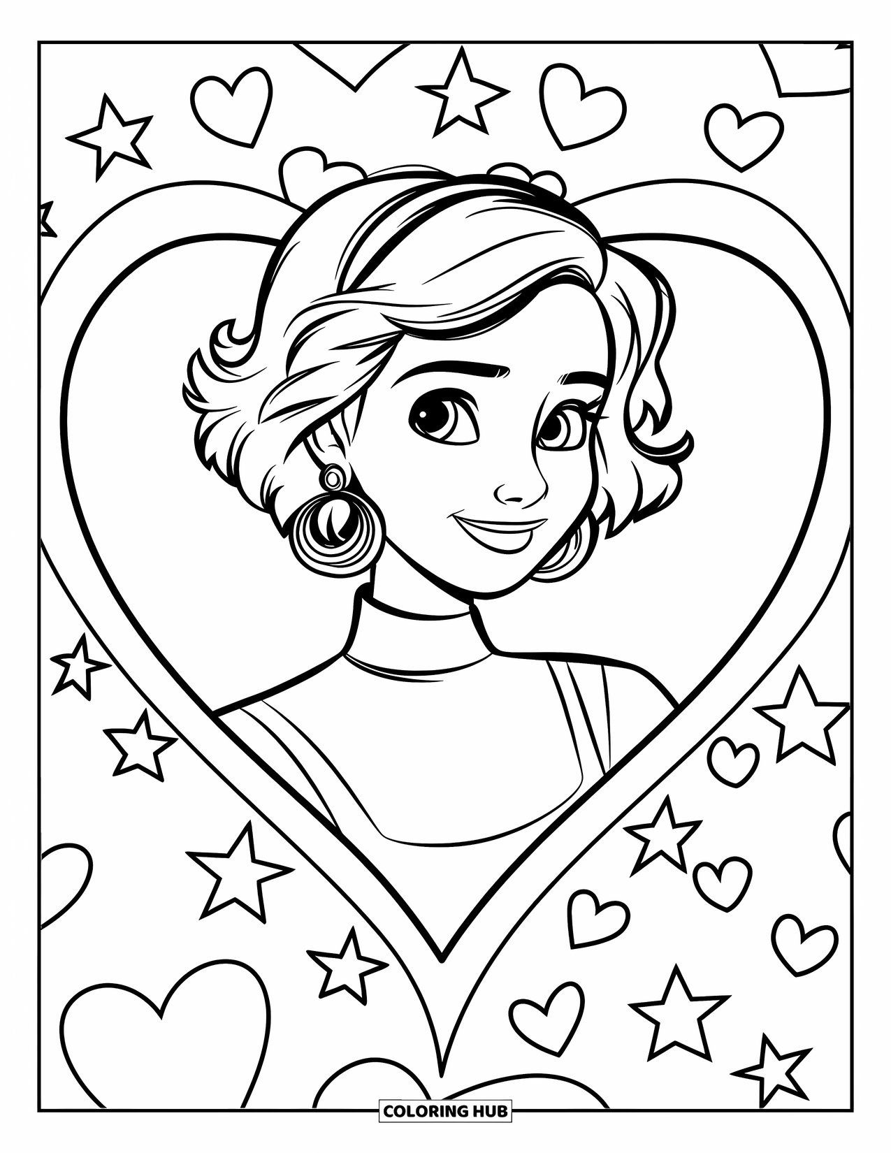 Meisjesgezicht Kleurplaat voor Kinderen: Een glimlachend meisje met kort krullend haar wordt omlijst door een groot hart en fonkelende sterren