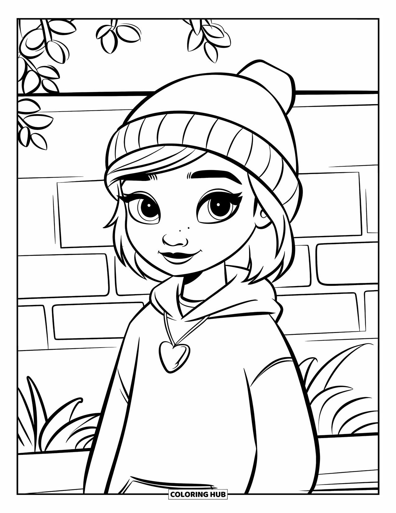Meisjesgezicht Kleurplaat voor Kinderen: Een stijlvol meisje met een muts en hoodie staat voor een bakstenen muur met planten in de buurt