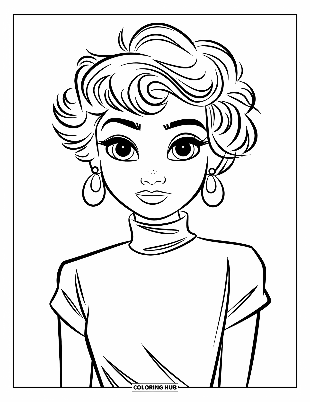 Meisjesgezicht Kleurplaat voor Kinderen: Een tienermeisje met kort krullend haar en grote oorbellen glimlacht helder tegen een effen achtergrond