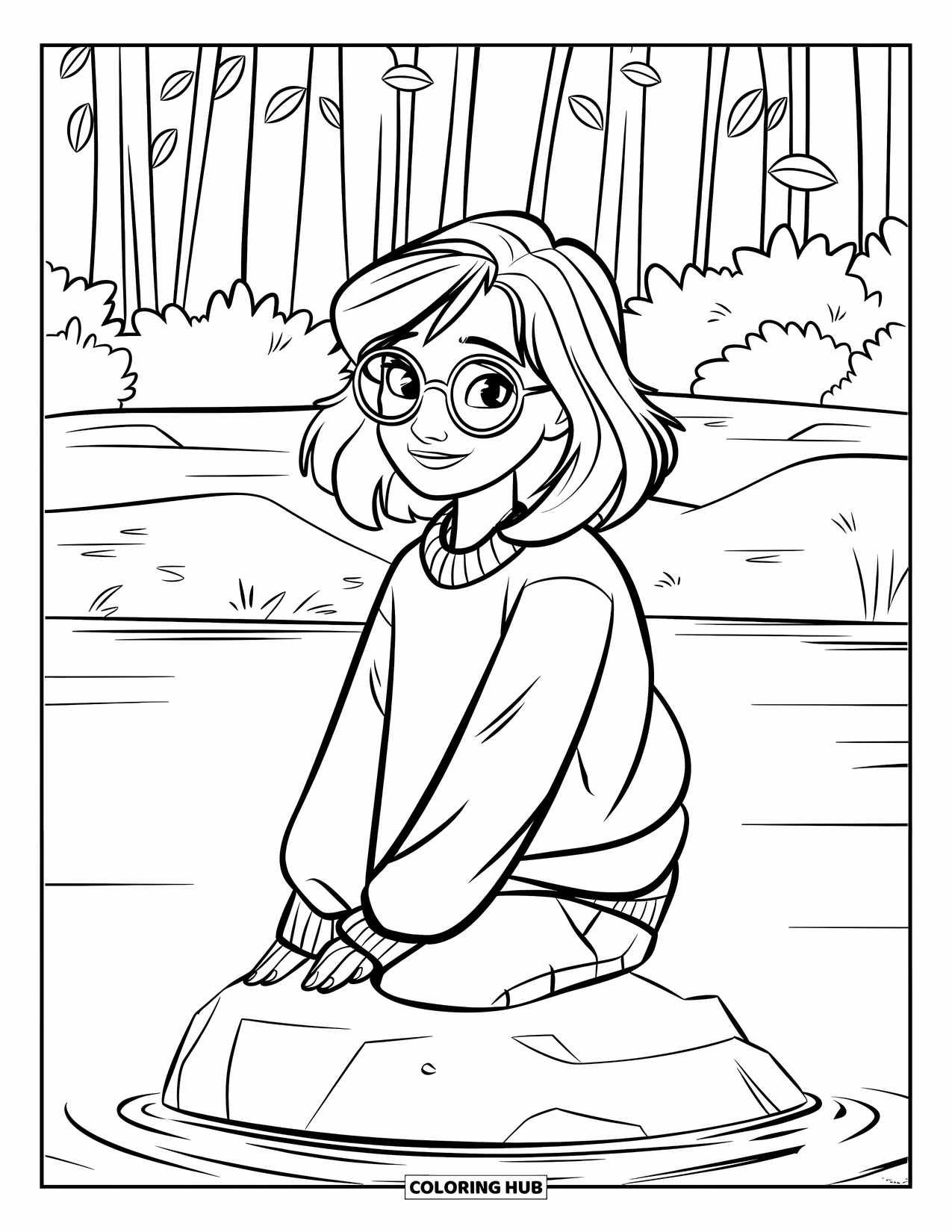 Meisjesgezicht Kleurplaat voor Kinderen: Een tienermeisje met golvend haar, een bril en een trui zit op een rots bij een sereen meer