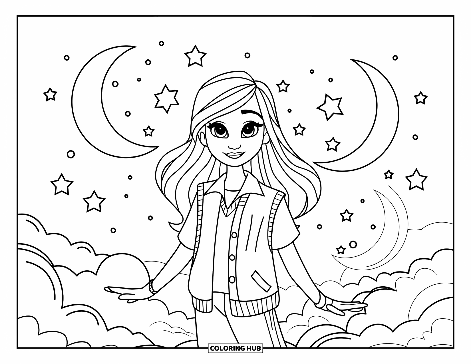 Meisjesgezicht Kleurplaat voor Kinderen: Een tienermeisje met golvend haar staat op een wolk, omringd door manen en fonkelende sterren