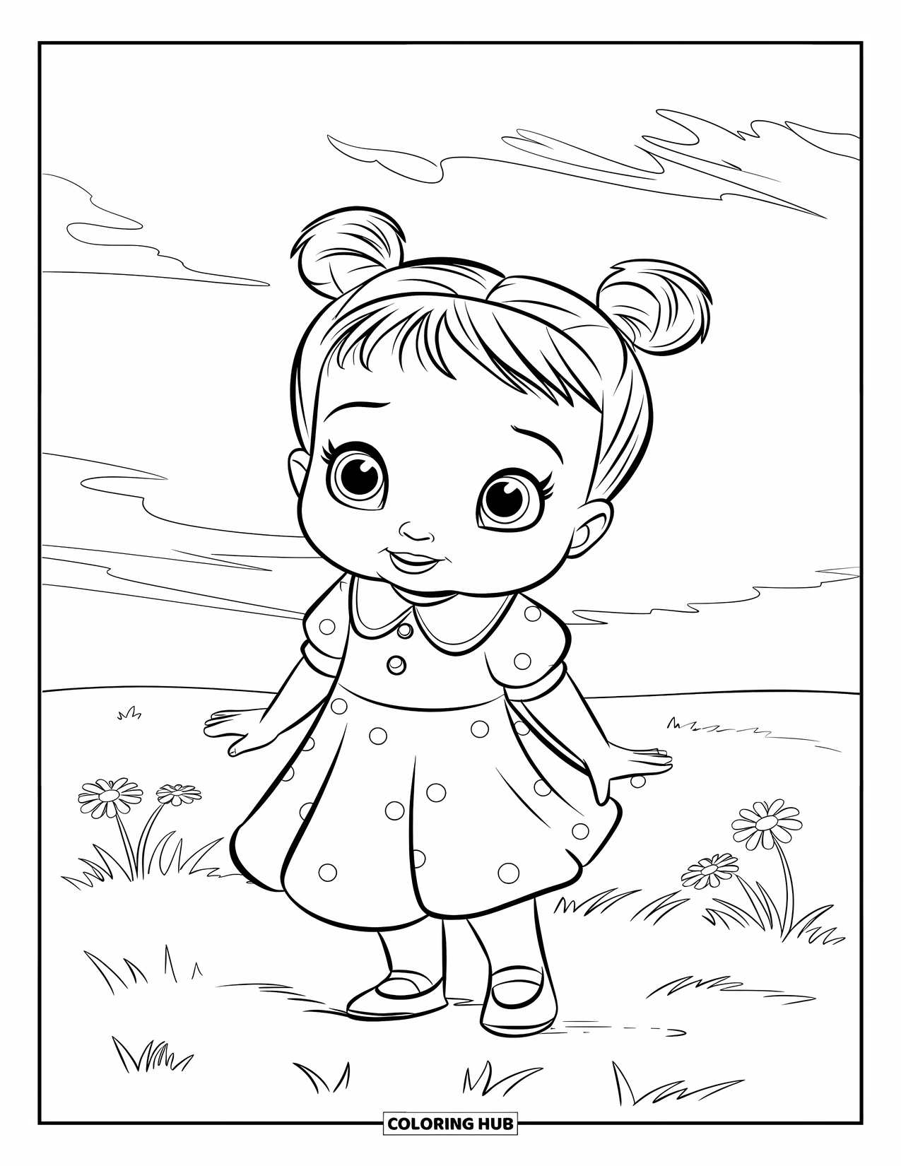 Meisjesgezicht Kleurplaat voor Kinderen: Een peutermeisje in een jurk met stippen staat op een grasveld met wolken in de lucht
