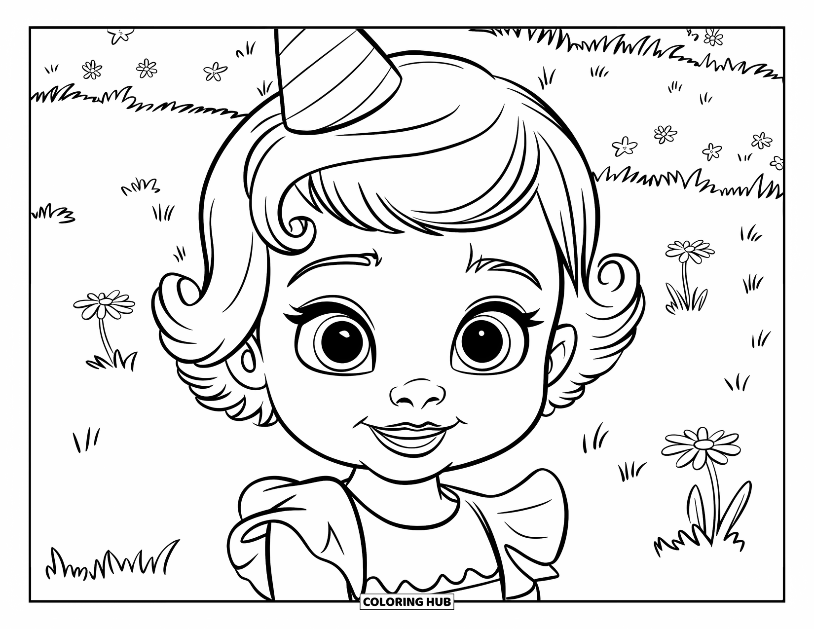 Meisjesgezicht Kleurplaat voor Kinderen: Een peutermeisje met krullend haar en een feesthoedje staat vrolijk in een veld vol bloemen