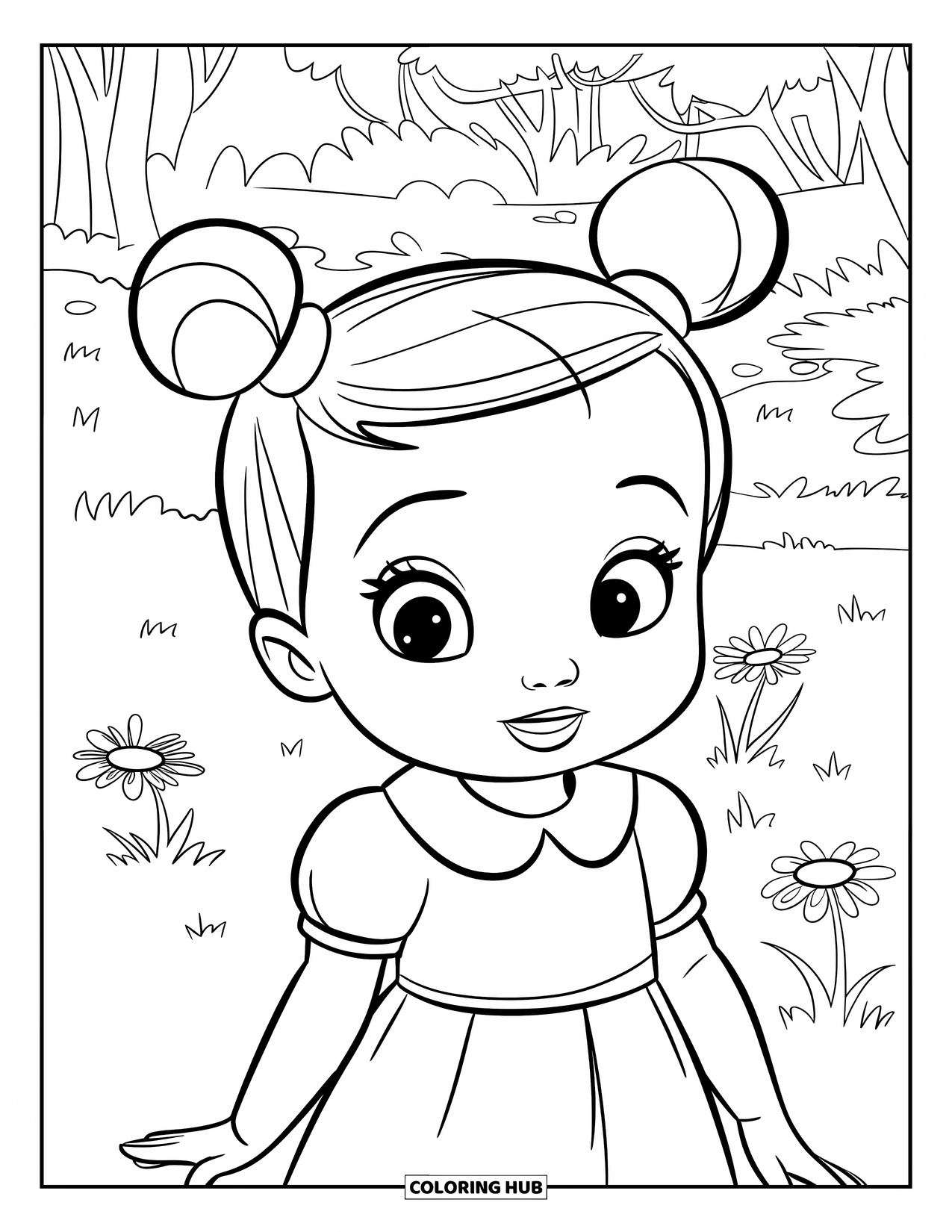 Meisjesgezicht Kleurplaat voor Kinderen: Een peuter met kleine knotjes en een gele jurk staat in een grasveld met bomen achter haar
