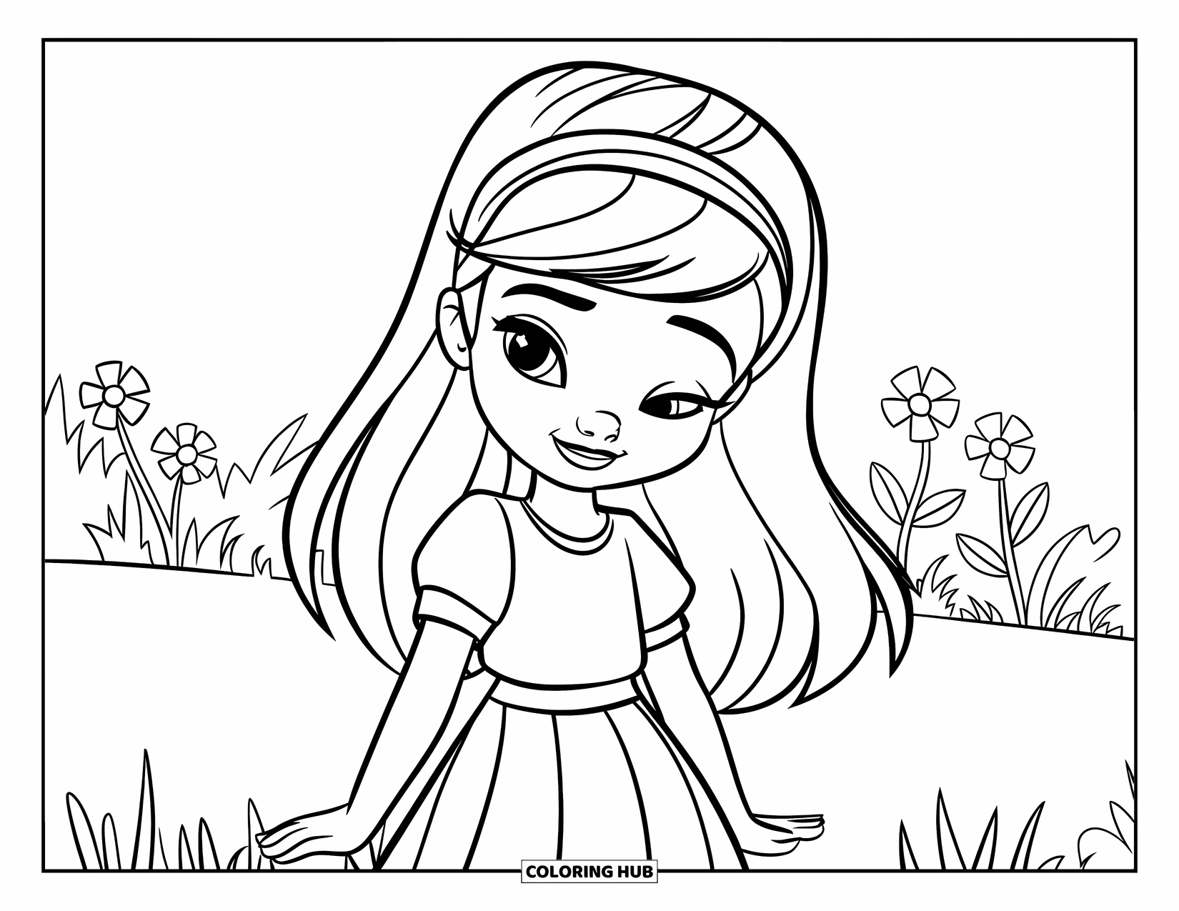 Meisjesgezicht Kleurplaat voor Kinderen: Een knipogend meisje met een haarband staat in een grasveld met bloemen op de achtergrond