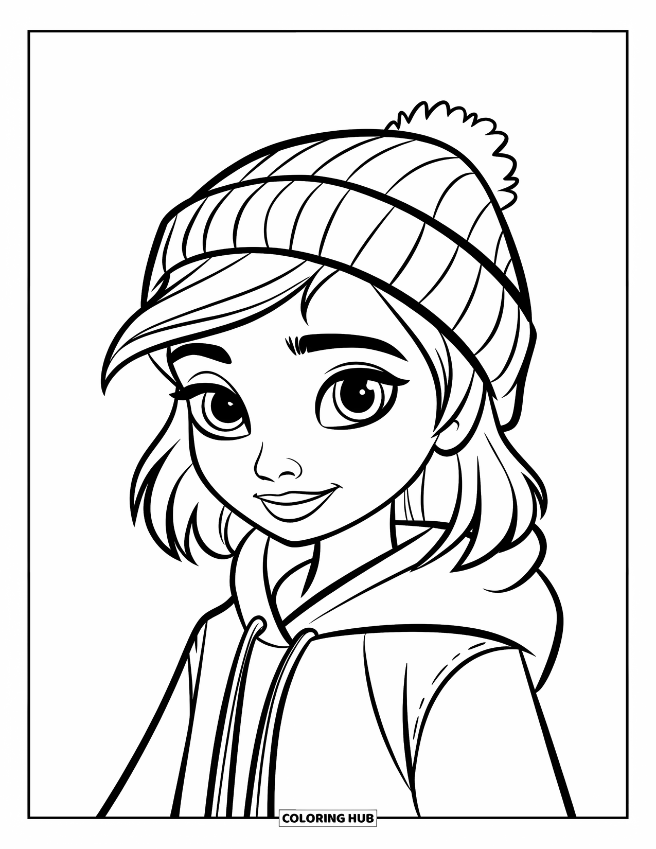 Meisjesgezicht Kleurplaat voor Kinderen: Een jong meisje met een muts en hoodie heeft een ontspannen uitdrukking tegen een eenvoudige witte achtergrond