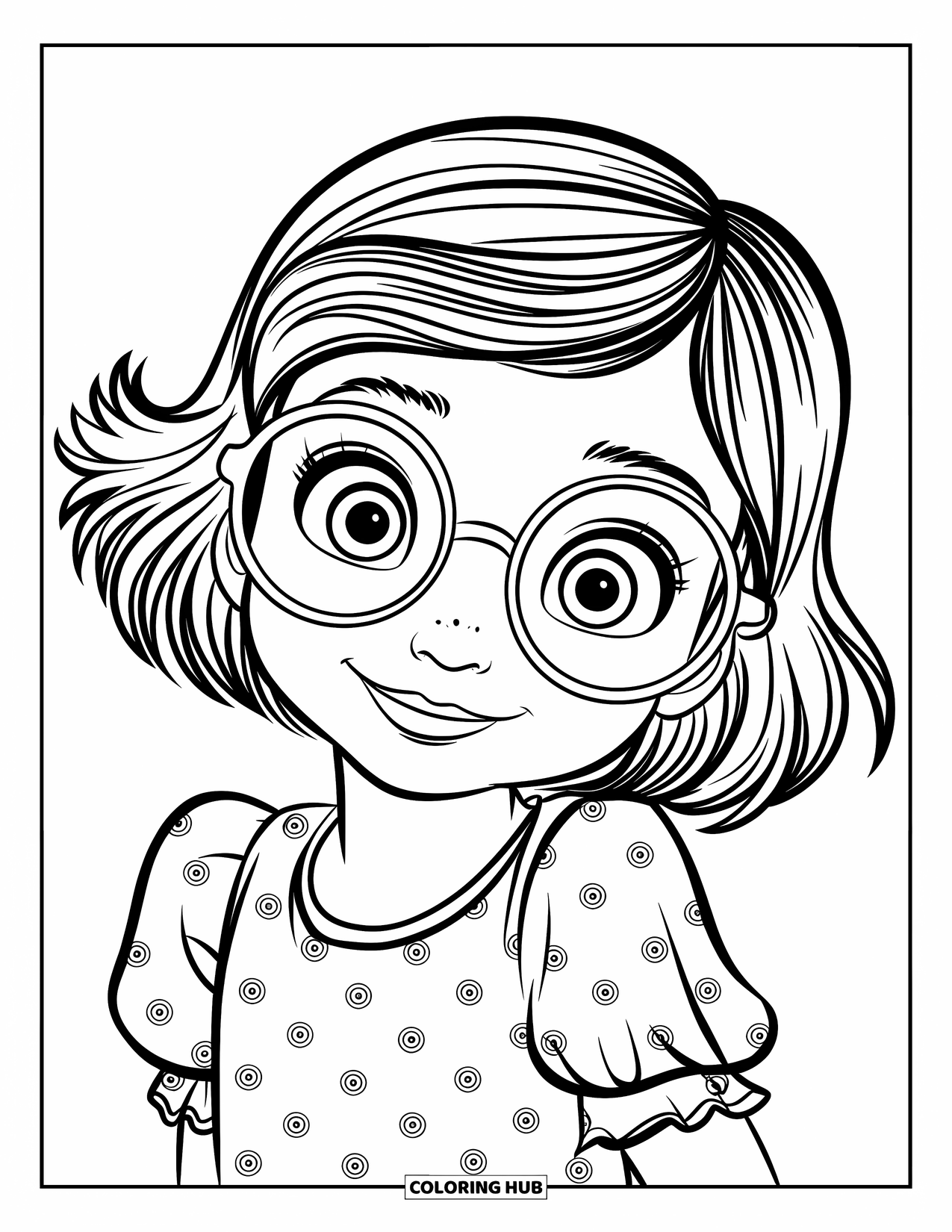 Meisjesgezicht Kleurplaat voor Kinderen: Een jong meisje met een ronde bril en kort golvend haar kijkt met grote, nieuwsgierige ogen