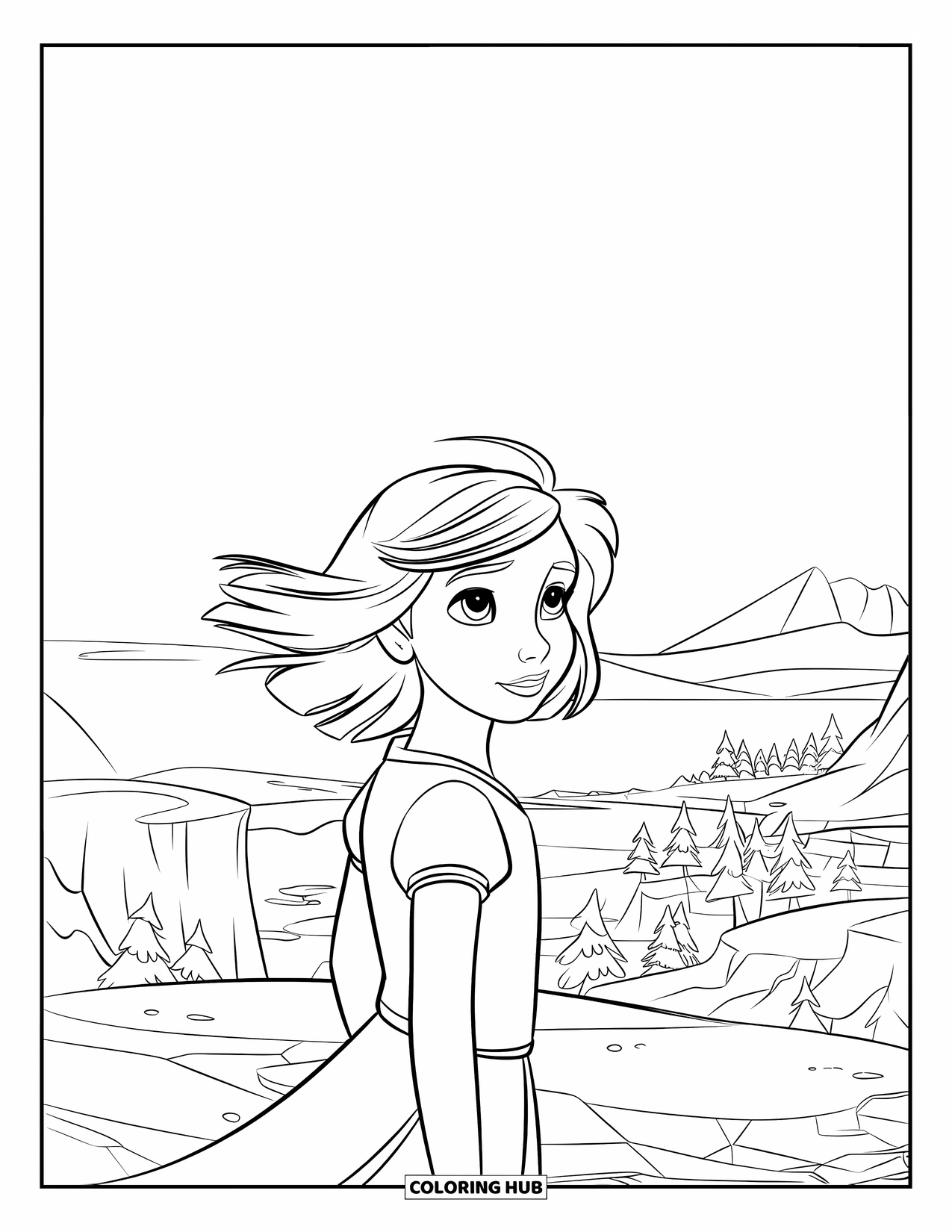Meisjesgezicht Kleurplaat voor Kinderen: Een jong meisje met wapperend haar staart naar een uitgestrekt landschap van bergen en water
